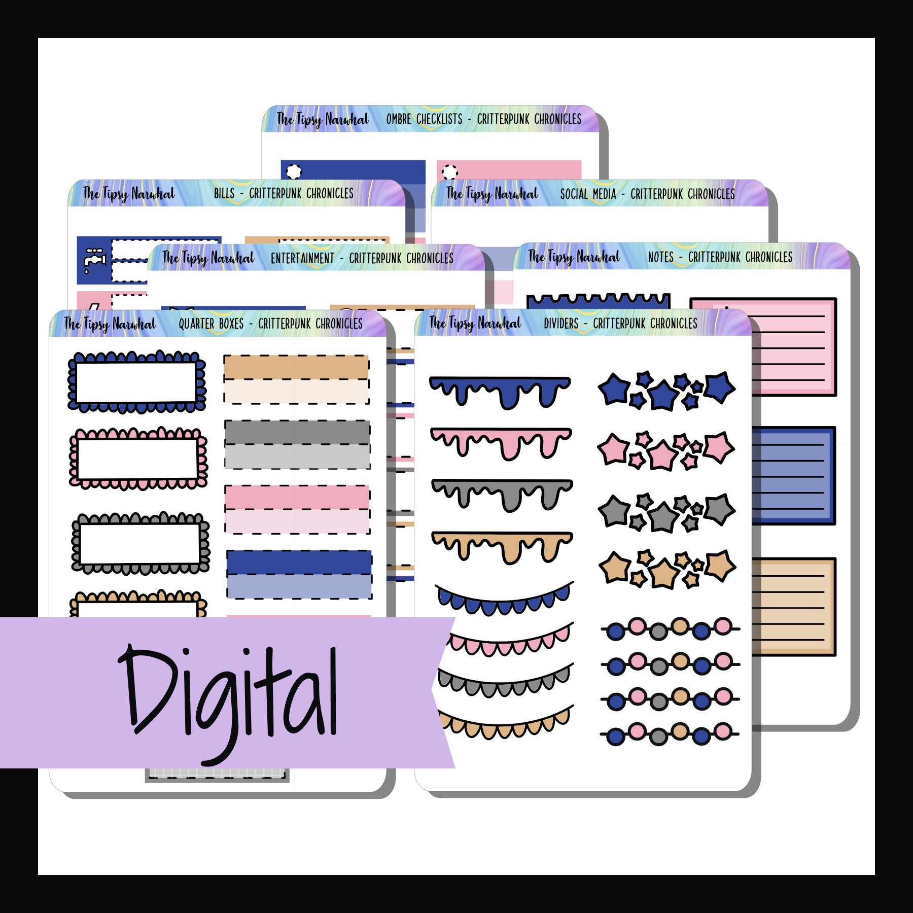 The Digital Critterpunk Chronicles Functionals is a digital/printable version of the sticker kit with the same name.  The download contains PNG, JPEG, and PDF image files as well as an SVG cut file for each sticker sheet.