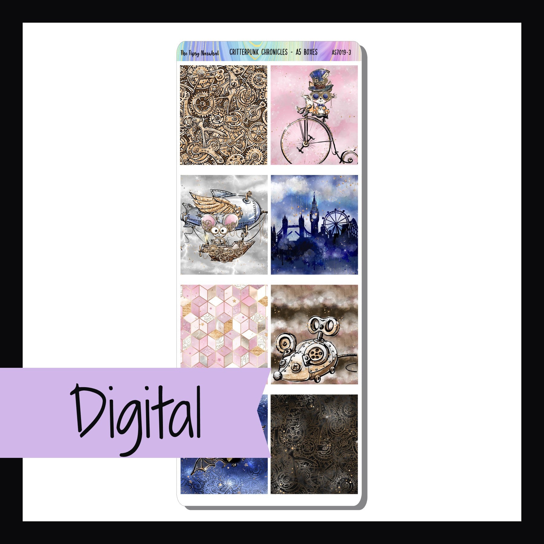 Digital Critterpunk Chronicles A5 Deco Boxes is a digital/printable version of the sticker sheet with the same name.  The download includes PDF, PNG, and JPEG image files as well as a SVG cut file.
