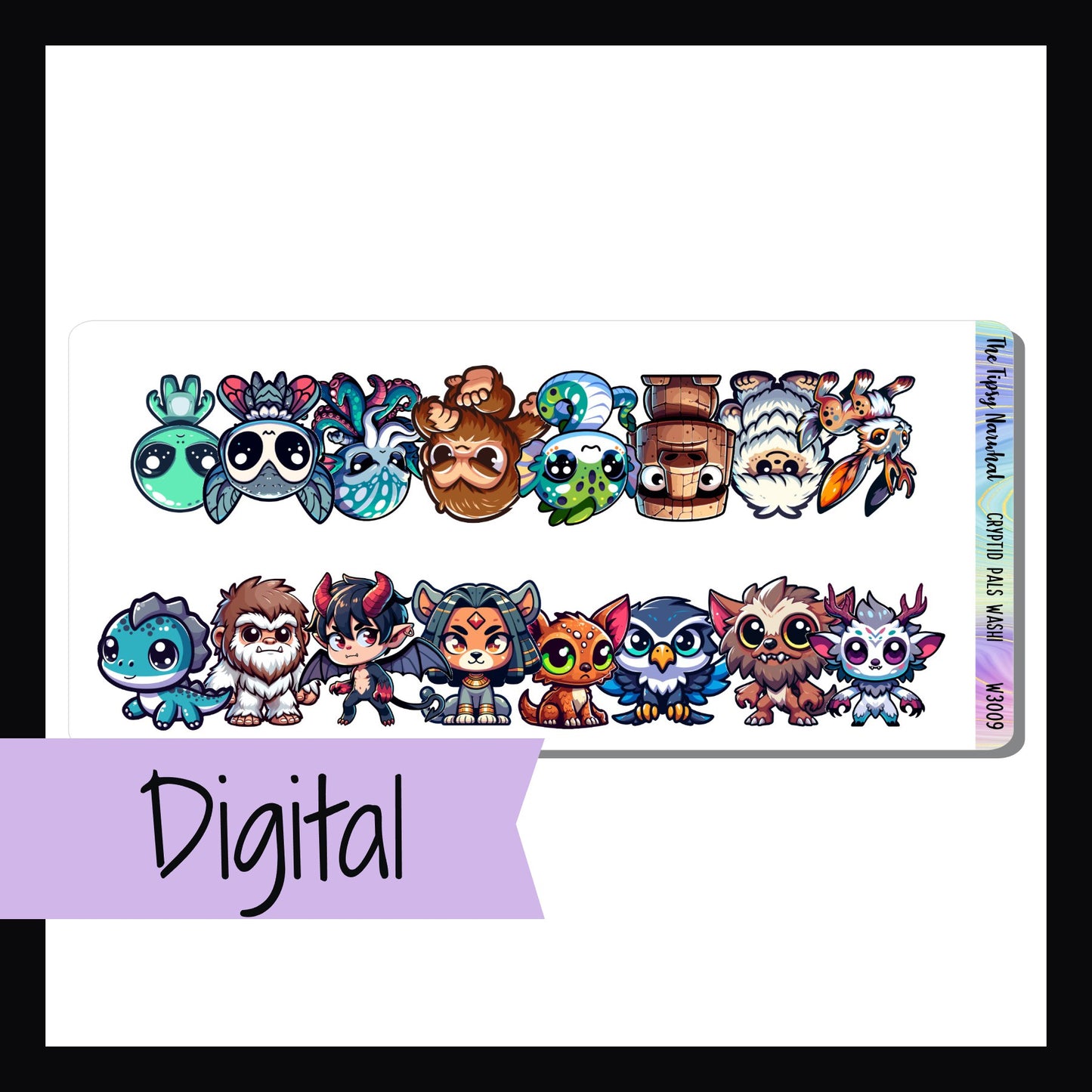 The Digital Cryptid Pals Washi Sheet is a digital printable version of the Cryptid Pals Washi Sheet. It features two washi strips each approximately 7 inches long. Each strip features a collection of adorable cryptid creatures.