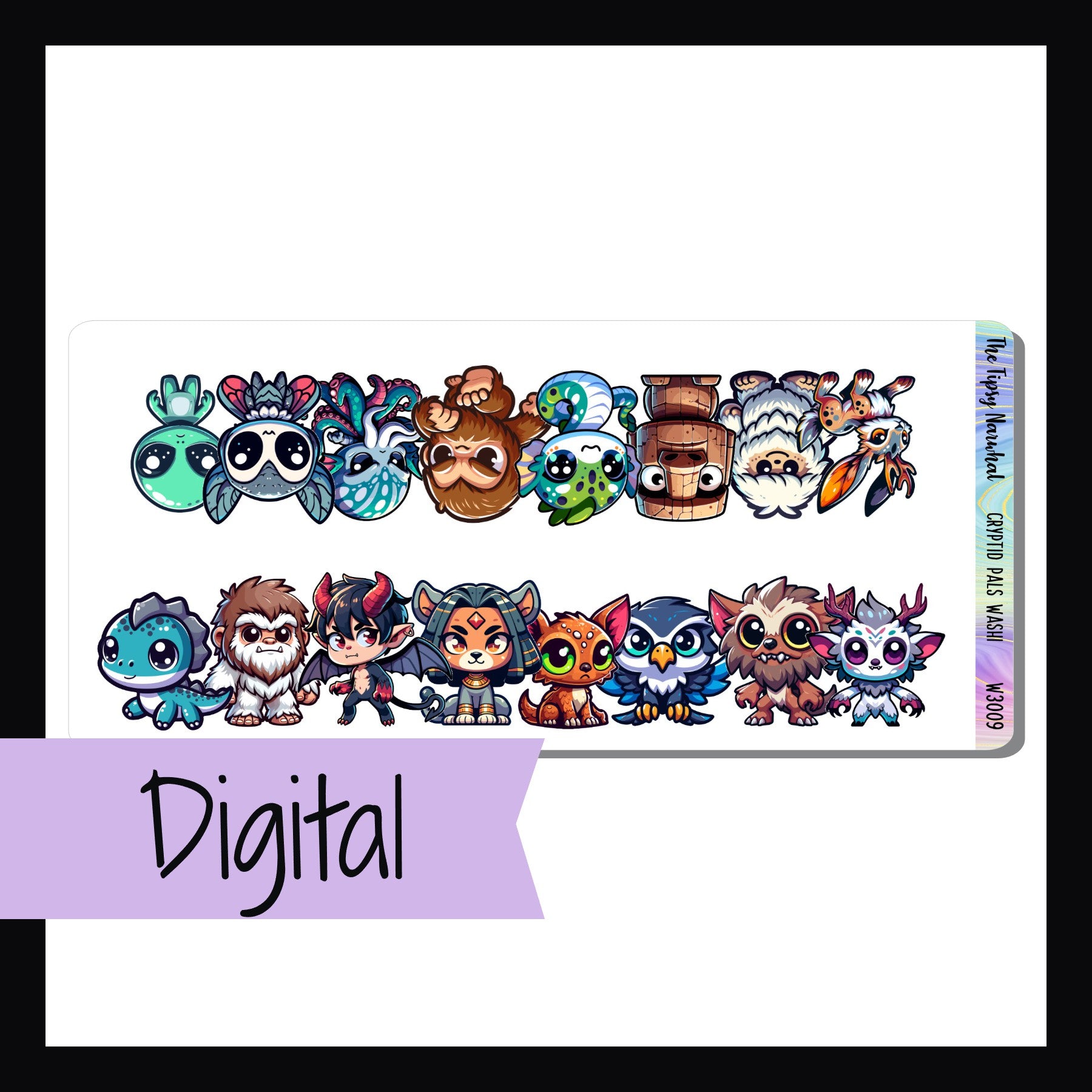 The Digital Cryptid Pals Washi Sheet is a digital printable version of the Cryptid Pals Washi Sheet.  It features two washi strips each approximately 7 inches long.  Each strip features a collection of adorable cryptid creatures.