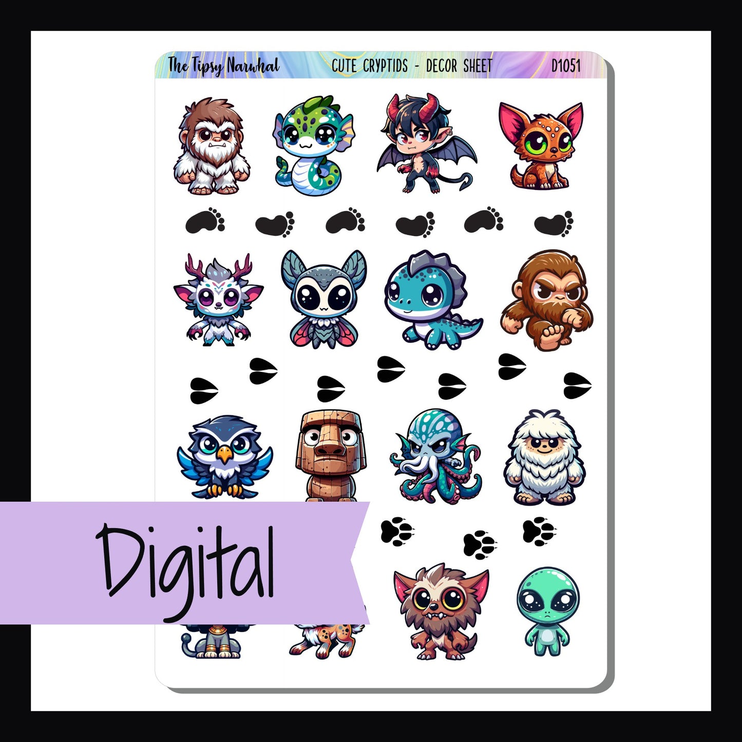 The Digital Cute Cryptids Decor Sheet is a digital version of the Cute Cryptids Decor sheet featuring 16 adorable renditions of famous mysterious creatures.