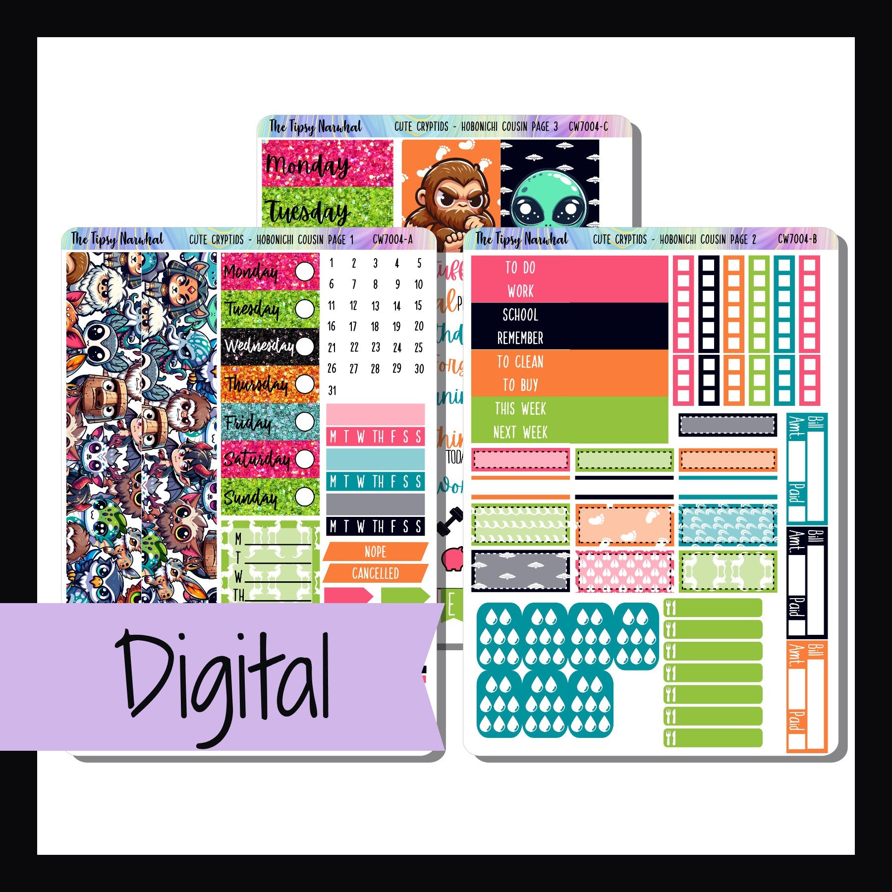 The Digital Cute Cryptids Hobonichi Cousin Kit is the digital/printable version of the Cute Cryptids Hobonichi Cousin Kit.  It's a three page kit featuring bright colors and some adorable mystery animals.