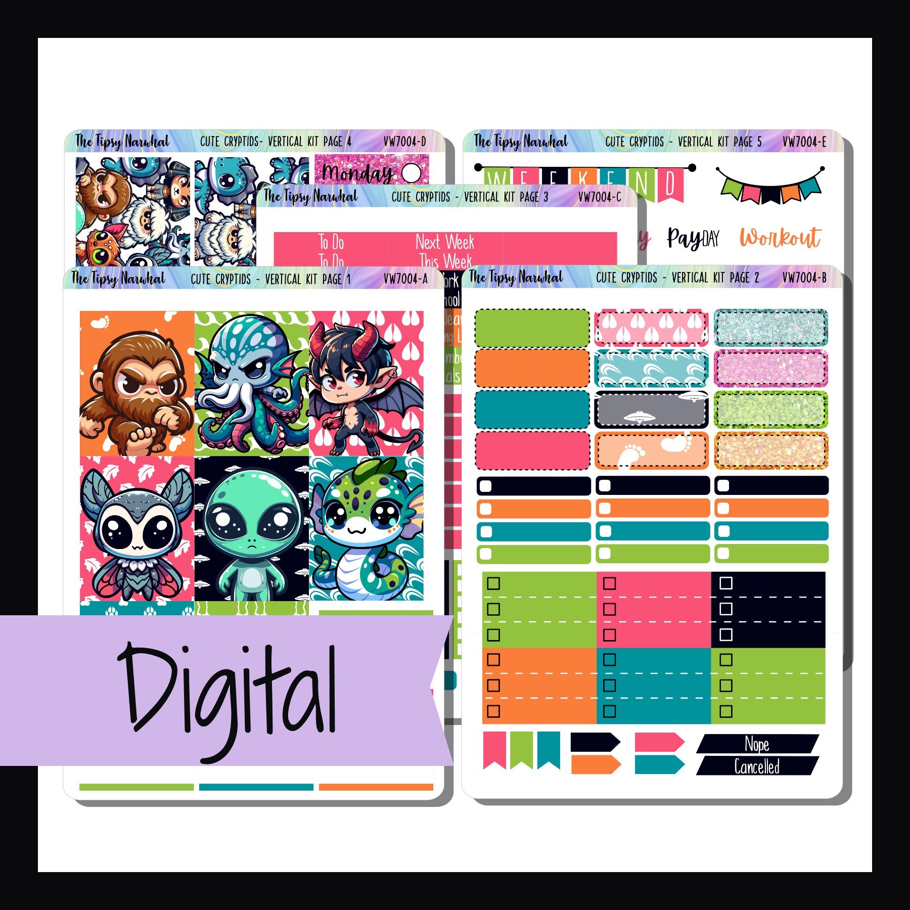 Digital Cute Cryptids Vertical Weekly Kit is a digital/printable version of the Cute Cryptids Vertical Weekly Kit.  The kit is 5 pages and features bright colors and cute cryptid creatures.