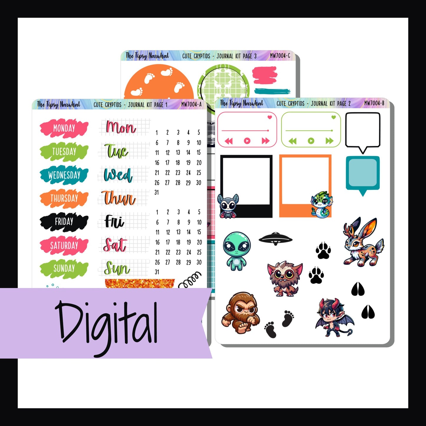 Digital Cute Cryptids Journal kit is a digital printable version of the Cute Cryptids Journal Kit. It's a 3 page kit featuring bright colors and adorable cryptid creatures.