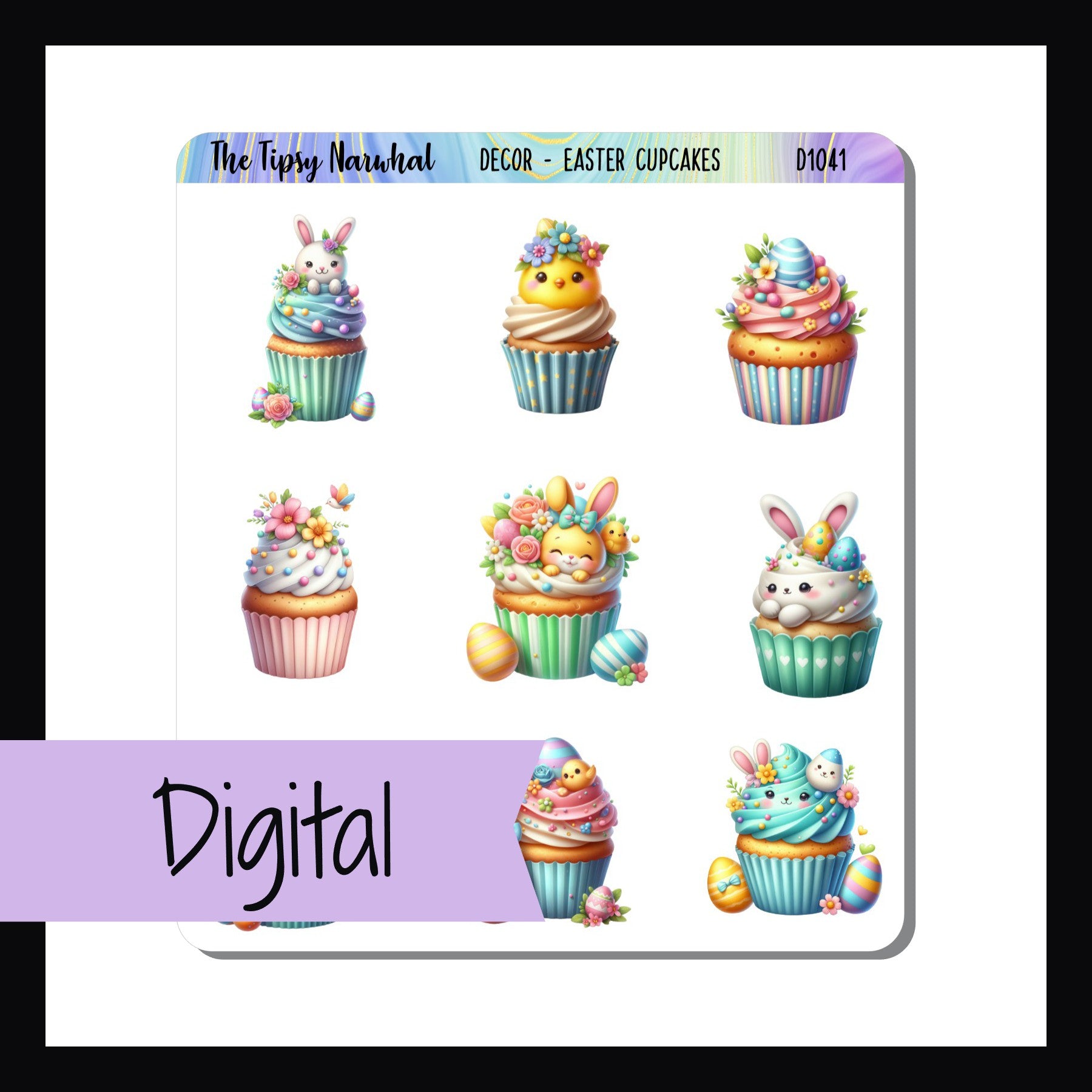 Digital Easter Cupcakes Decor Sheet is a digital download of the Easter Cupcakes Decor Sheet.  Features 9 cupcakes decorated with Easter bunnies, chicks, and eggs.