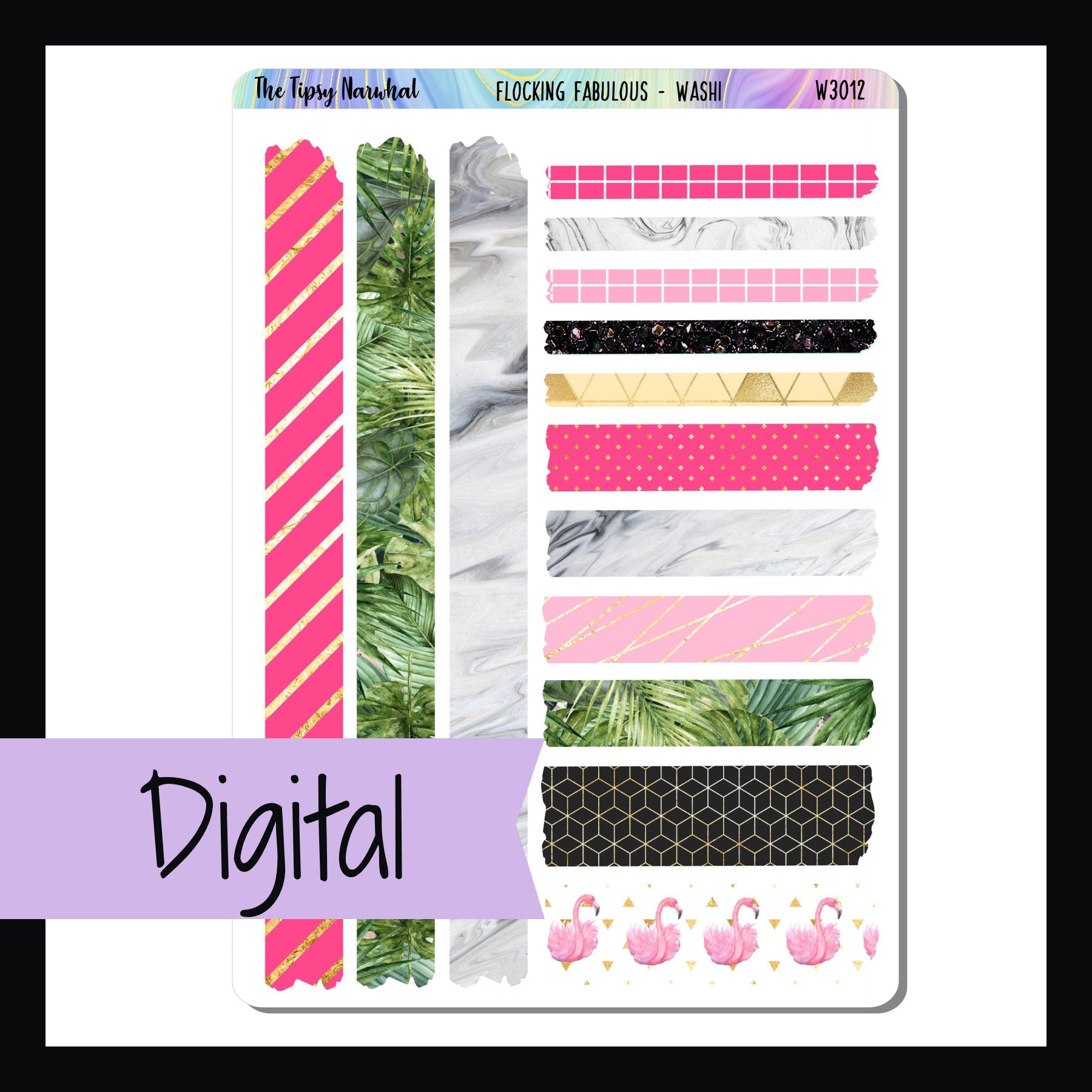 The Digital Flocking Fabulous Washi Sheet is a digital/printable version of the sheet by the same name.  It features 14 strips of washi stickers in various patterns and sizes all coordinating with the Flocking Fabulous Kits.
