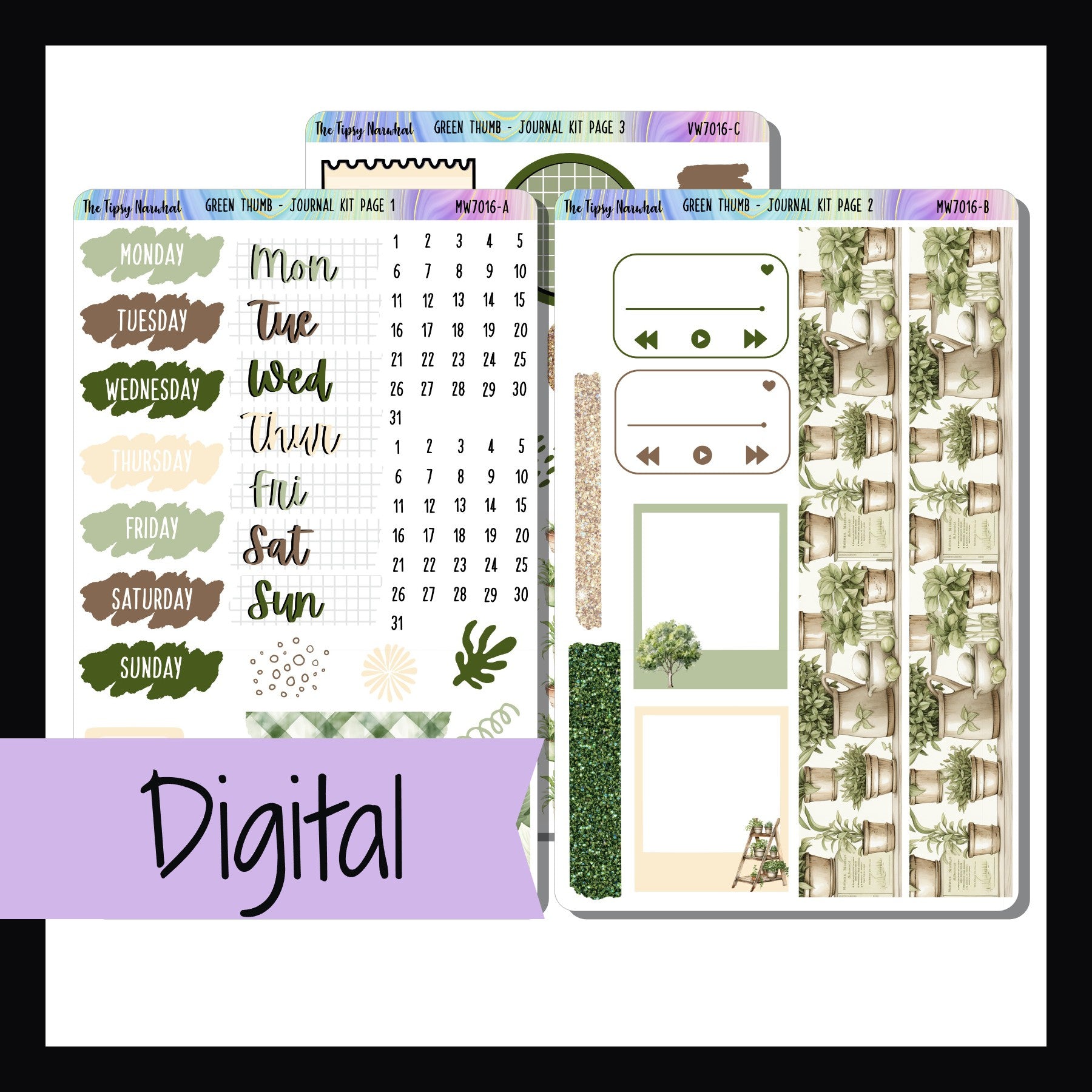 The Digital Green Thumb Journal Kit is a digital/printable version of the sticker kit with the same name.  It is a 3 page sticker kit featuring a garden theme.