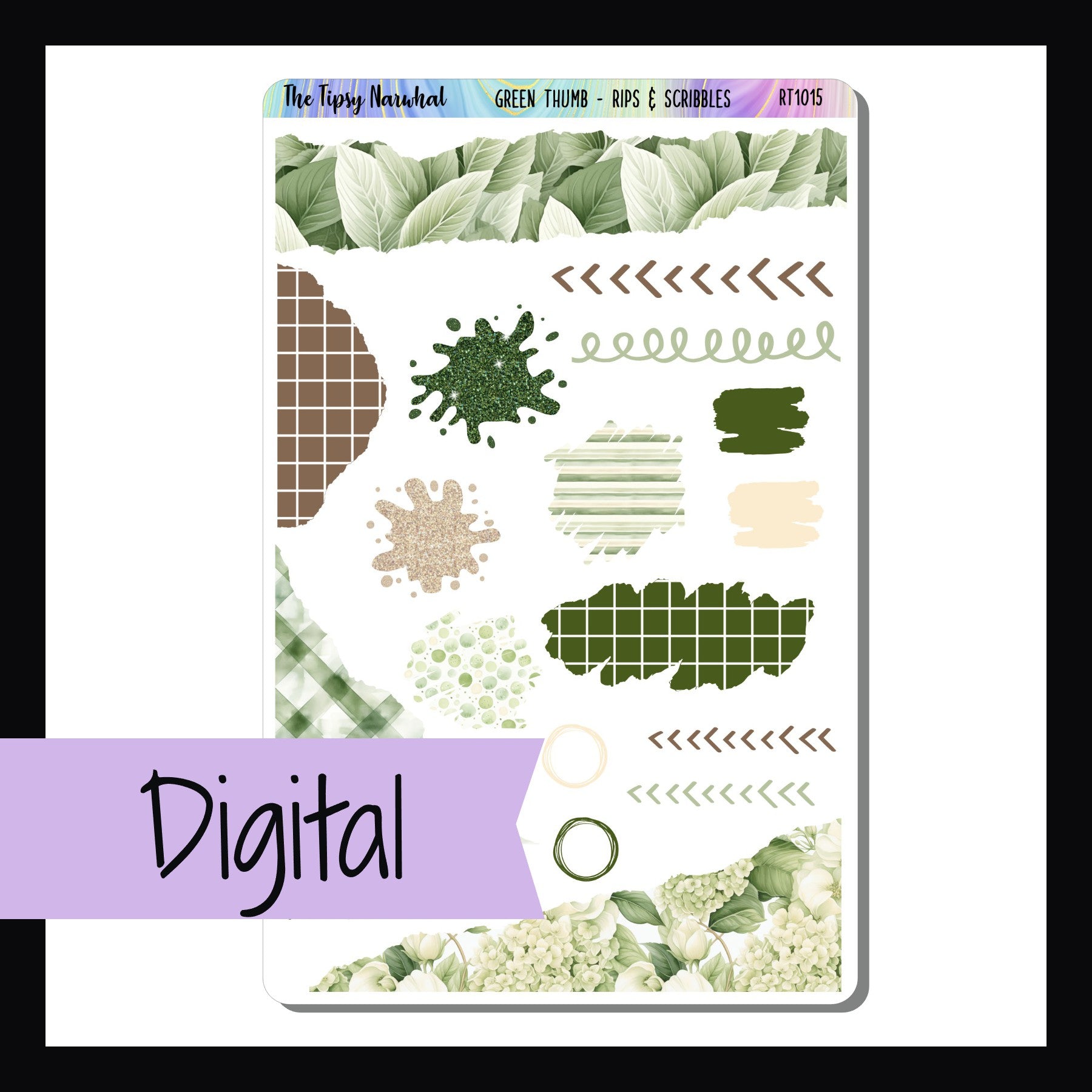 The Digital Green Thumb Rips & Scribbles Sheet is a digital/printable version of the sticker sheet by the same name.  It features a collection of stickers with a scribbled, splattered, and torn appearance.  All stickers coordinate with the Green Thumb weekly kits.