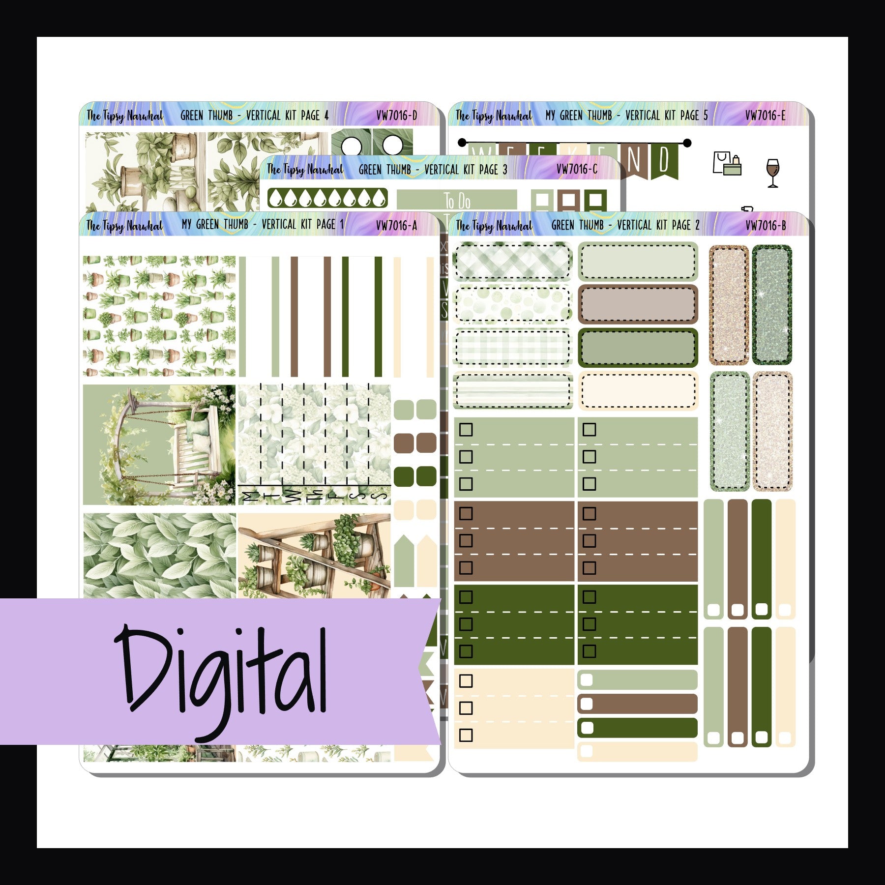 The Digital Green Thumb Vertical Weekly Kit is a digital/printable version of the sticker kit with the same name.  It features a gardening theme done in a color palette of vibrant greens, brown and beige.