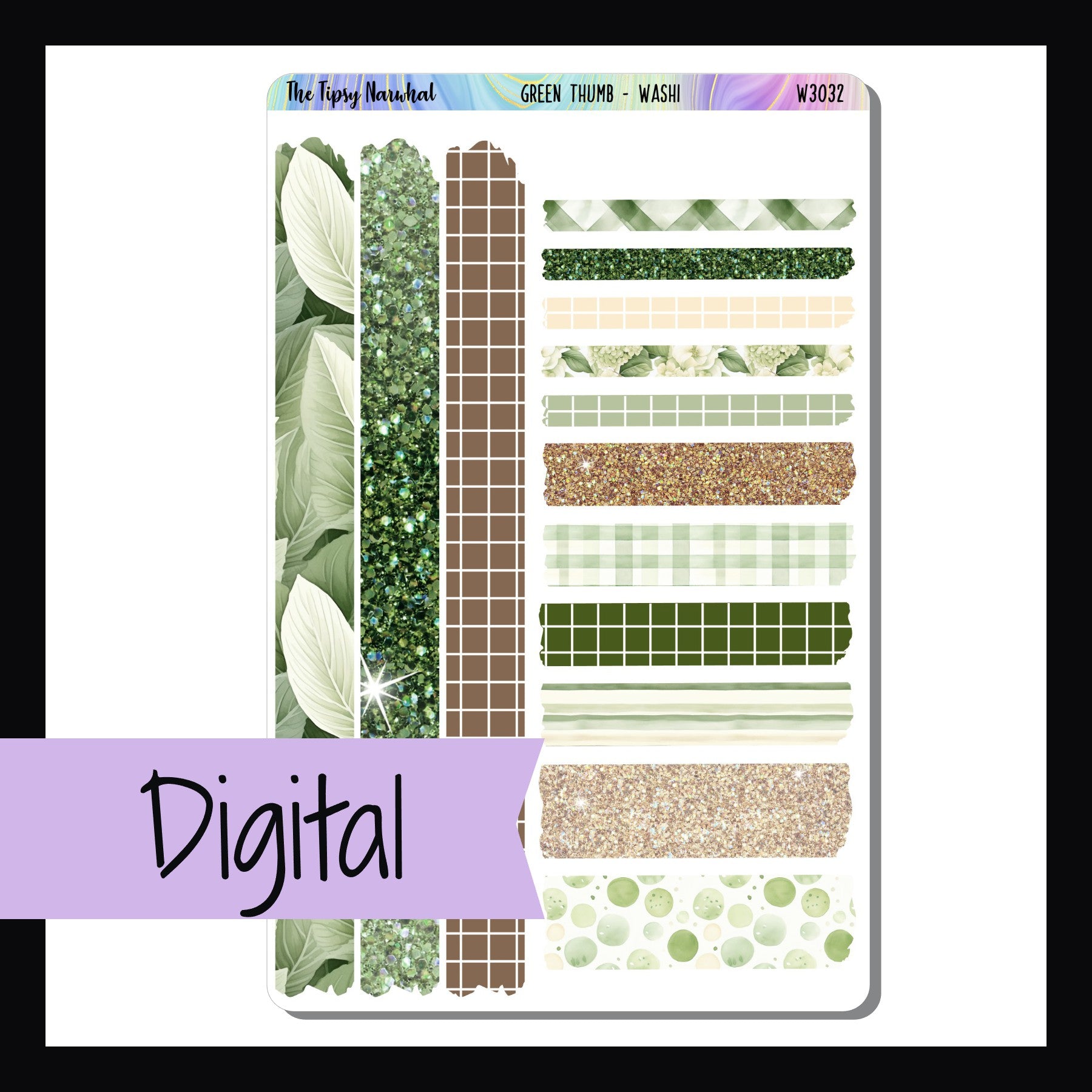 The Digital Green Thumb Washi Sheet is a digital/printable version of the sticker sheet by the same name.  It features 14 strips of washi stickers that coordinate with the Green Thumb weekly kits.