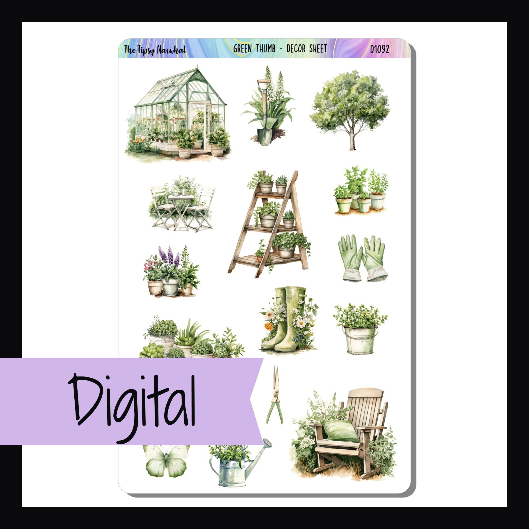 The Digital Green Thumb Decor Sheet is a digital/printable version of the sticker sheet with the same name. This full sized sheet features several garden themed stickers all which coordinate with the Green Thumb weekly kits.