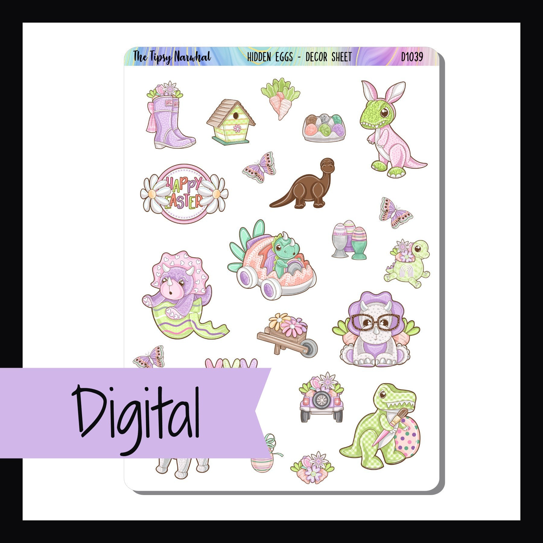 Digital Hidden Eggs Decor Sheet features various dinosaurs getting ready for the Easter holiday, spring items such as flowers, butterflies and eggs.
