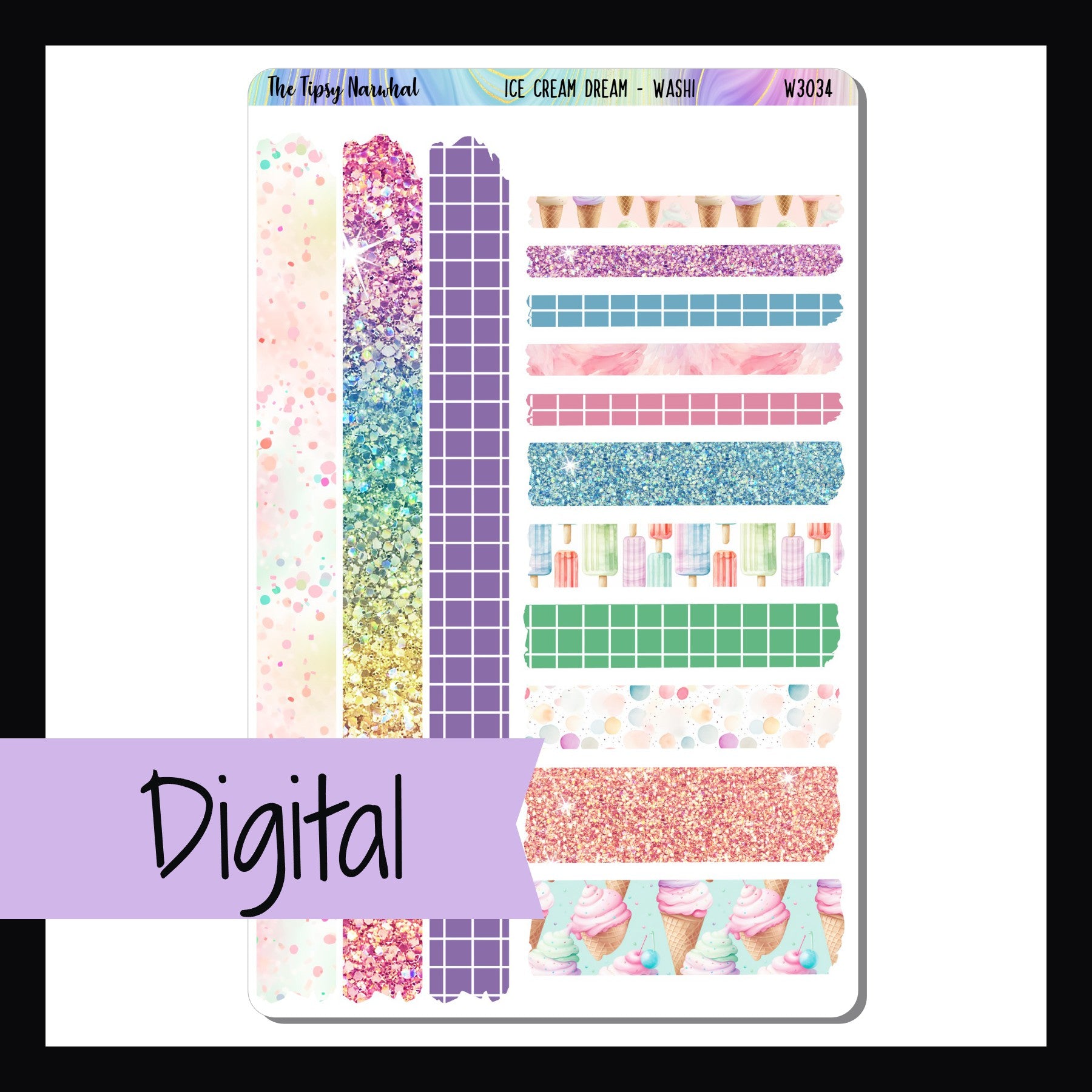 Digital Ice Cream Dreams Washi Sheet is a digital/printable version of the sticker sheet with the same name.  It is a full sized sticker sheet featuring 14 strips of Washi Tape stickers each a unique size, color and pattern. All strips coordinate with the Ice Cream Drams weekly kits.