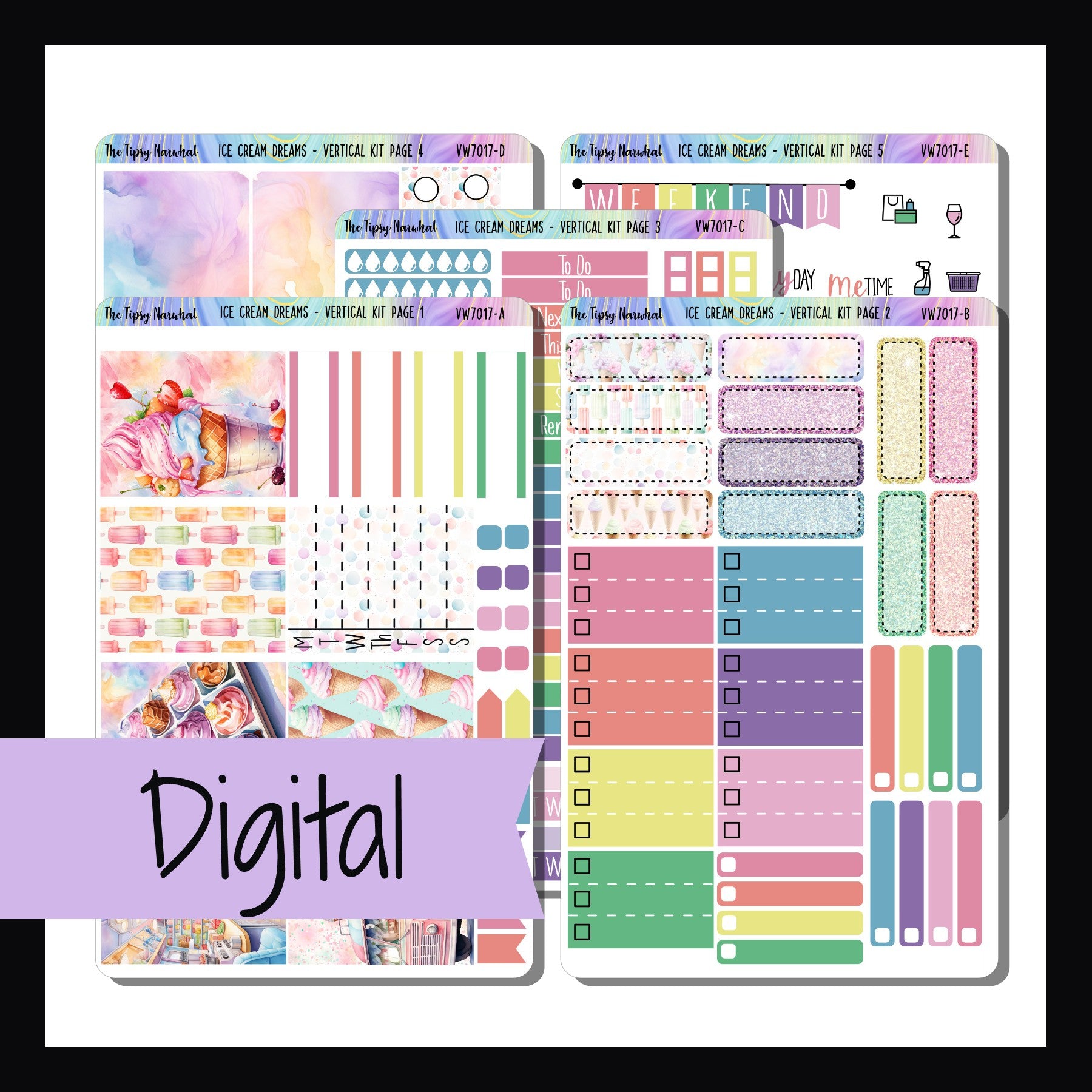 Digital Ice Cream Dreams Vertical Kit is the digital/printable version of the sticker kit with the same name.  It is a 5 page kit designed to best fit 7x9 vertical planners.  It features a fun ice cream theme and is done in a pastel rainbow color palette.