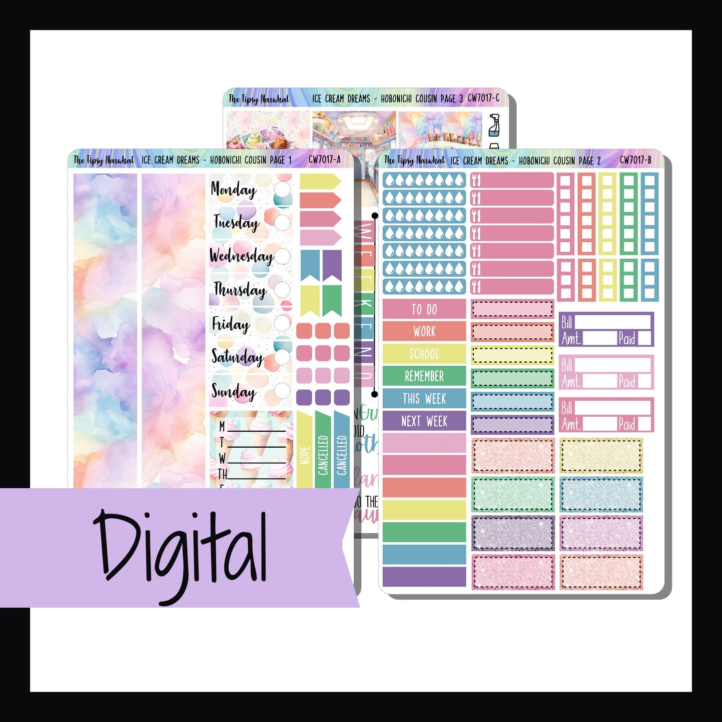 Digital Ice Cream Dreams Hobonichi Cousin Kit is a digital/printable version of the sticker kit with the same name. It is a 3 page kit sized to best fit the A5 Hobonichi Cousin and other similar planners. It features a fun ice cream theme and is done in a pastel rainbow color palette.
