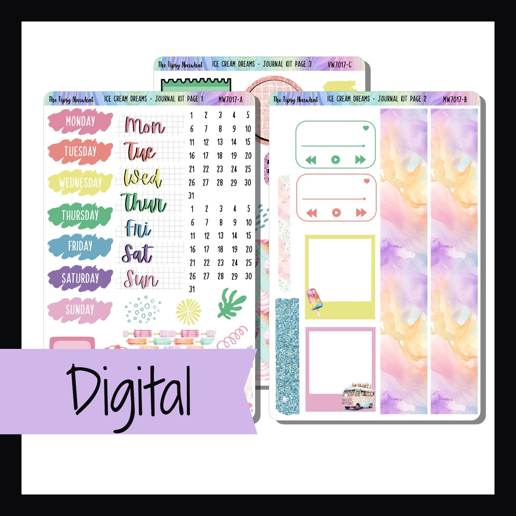 Digital Ice Cream Dreams Journal Kit is a digital/printable version of the sticker kit with the same name.  It's a 3 page sticker kit focused on decorative elements that can be used in journal or diary style planning. It features a fun ice cream theme and a pastel rainbow color palette.