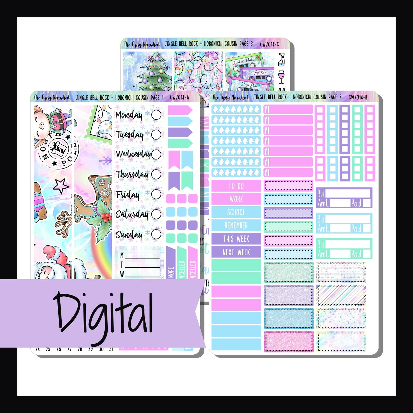 Digital Jingle Bell Rock Hobonichi Cousin Kit is a digital/printable version of the sticker kit by the same name. It features a bright Christmas theme focusing on holiday music. Download includes PNG, PDF, JPEG and SVG files.