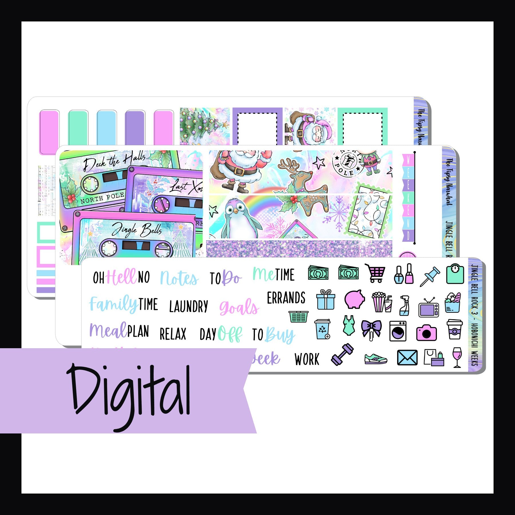 Digital Jingle Bell Rock Hobonichi Weeks Kit is a digital/printable version of the sticker kit with the same name.  It features a bright Christmas theme with a focus on holiday music.