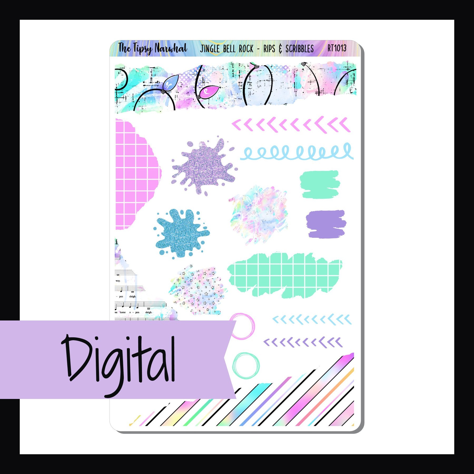 Digital Jingle Bell Rock Rips & Scribbles Sheet is a digital/printable version of the sticker sheet with the same name.  Featuring several stickers with a ripped or scribbled appearance these stickers coordinate with the Jingle Bell Rock kits.