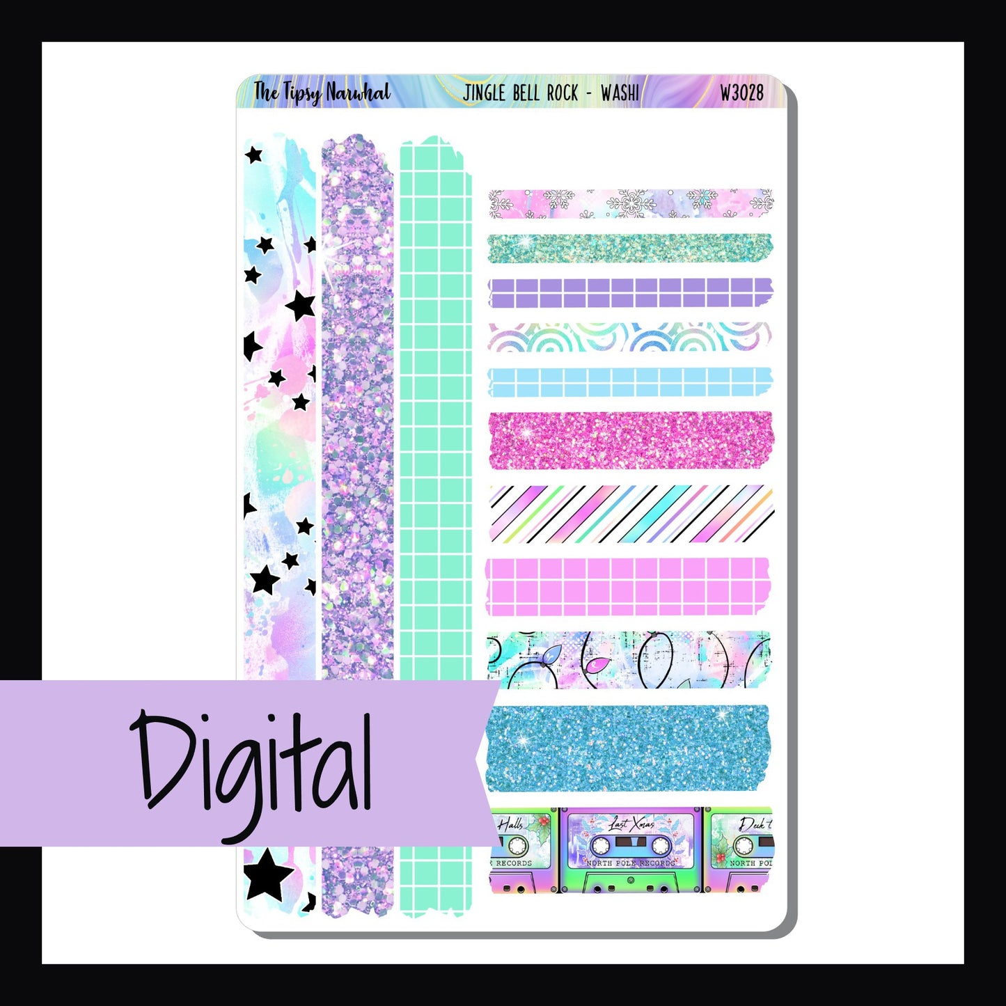 Digital Jingle Bell Rock Washi Sheet is a digital/printable version of the sticker sheet by the same name. It features 14 washi strip stickers that coordinate with the Jingle Bell Rock weekly kits.