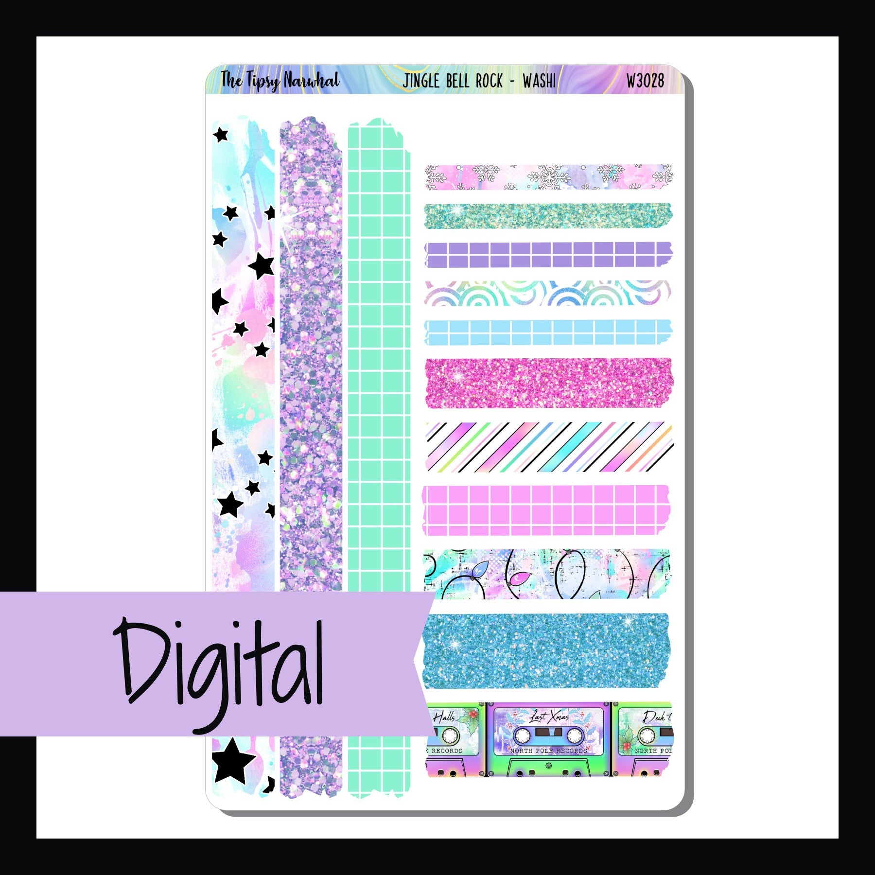 Digital Jingle Bell Rock Washi Sheet is a digital/printable version of the sticker sheet by the same name.  It features 14 washi strip stickers that coordinate with the Jingle Bell Rock weekly kits.