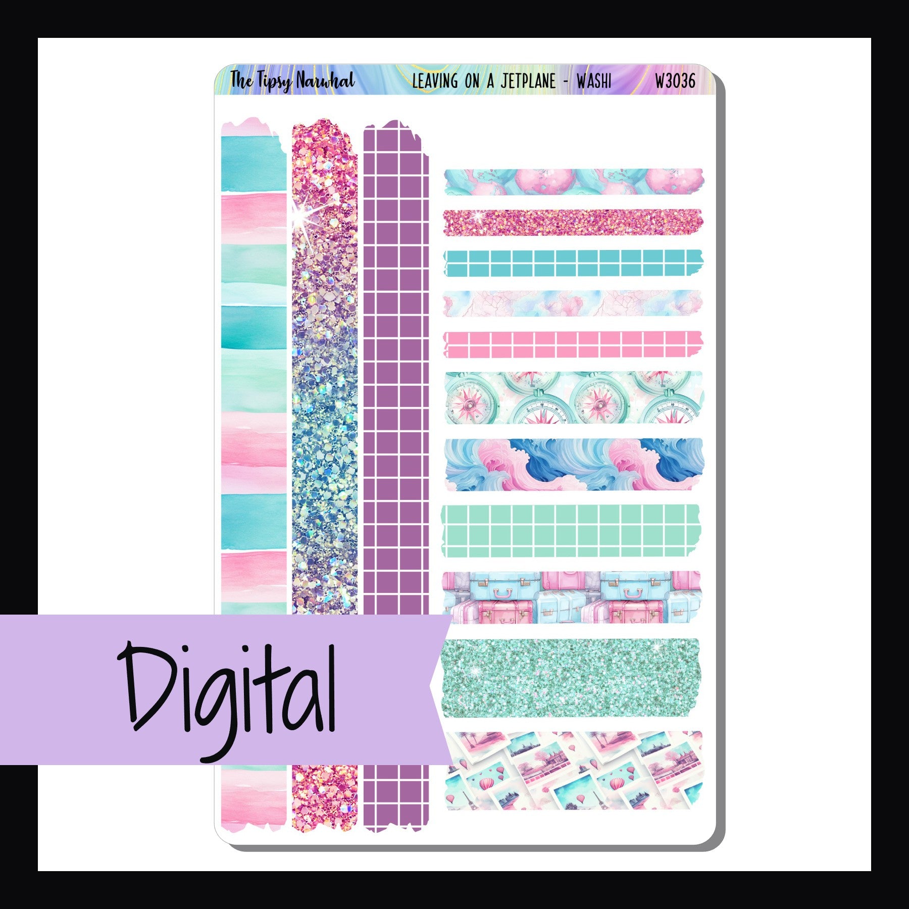 Digital Leaving on a Jet Plane Washi sheet is a digital/printable version of the sticker sheet with the same name.  It features 14 strips of various sized washi stickers and coordinates with the Leaving on a Jet Plane weekly kits.