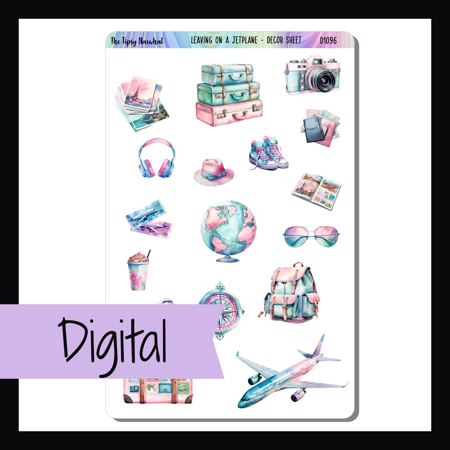 Digital Leaving on a Jet Plane Decor Sheet is a digital/printable version of the sticker sheet with the same name.  This sheet features a selection of travel themed stickers that coordinate with the Leaving on a Jet Plane weekly kits.