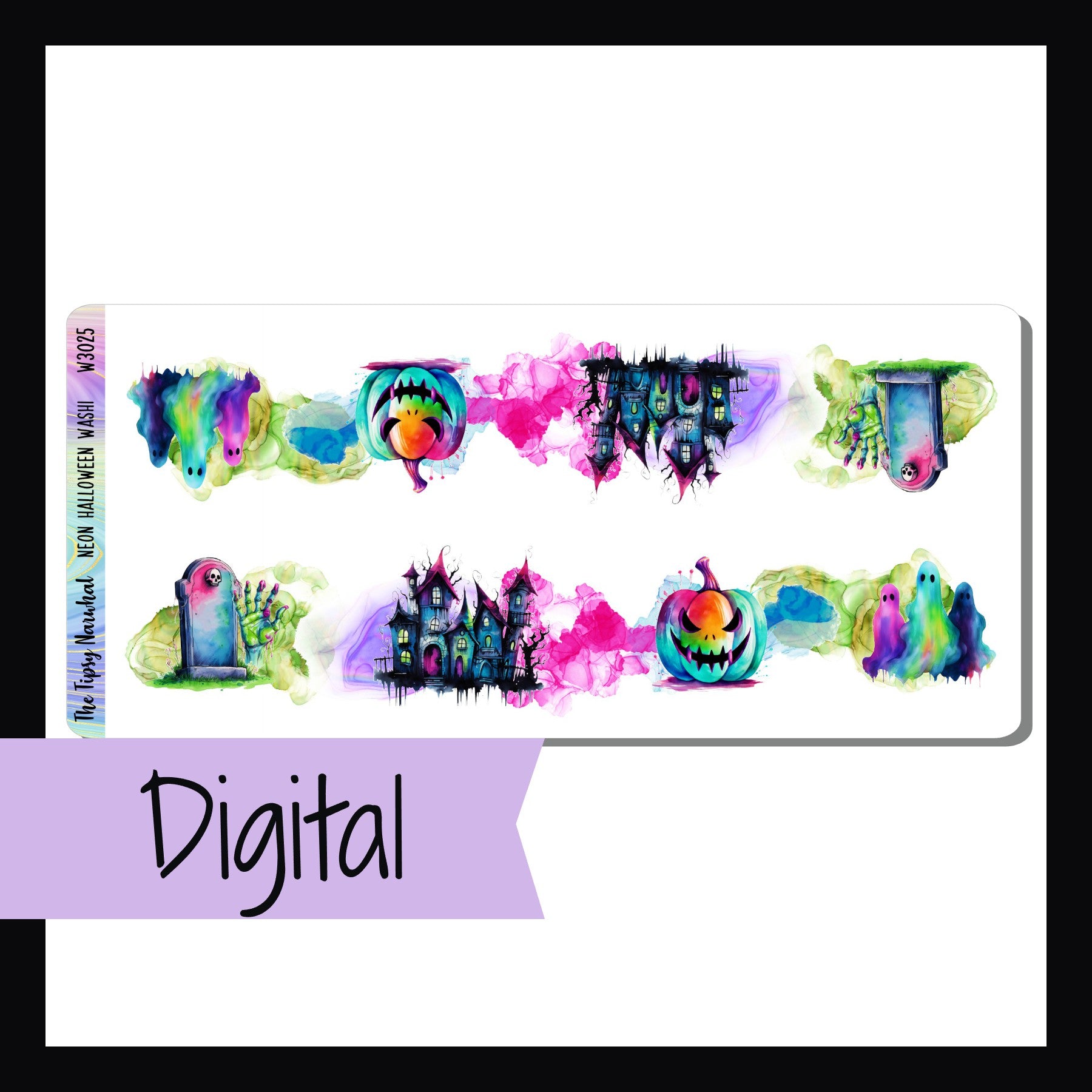 Digital Neon Halloween Washi is a digital/printable version of the sticker sheet with the same name.  It features two strips of stickers featuring Halloween icons in bright neon colors.