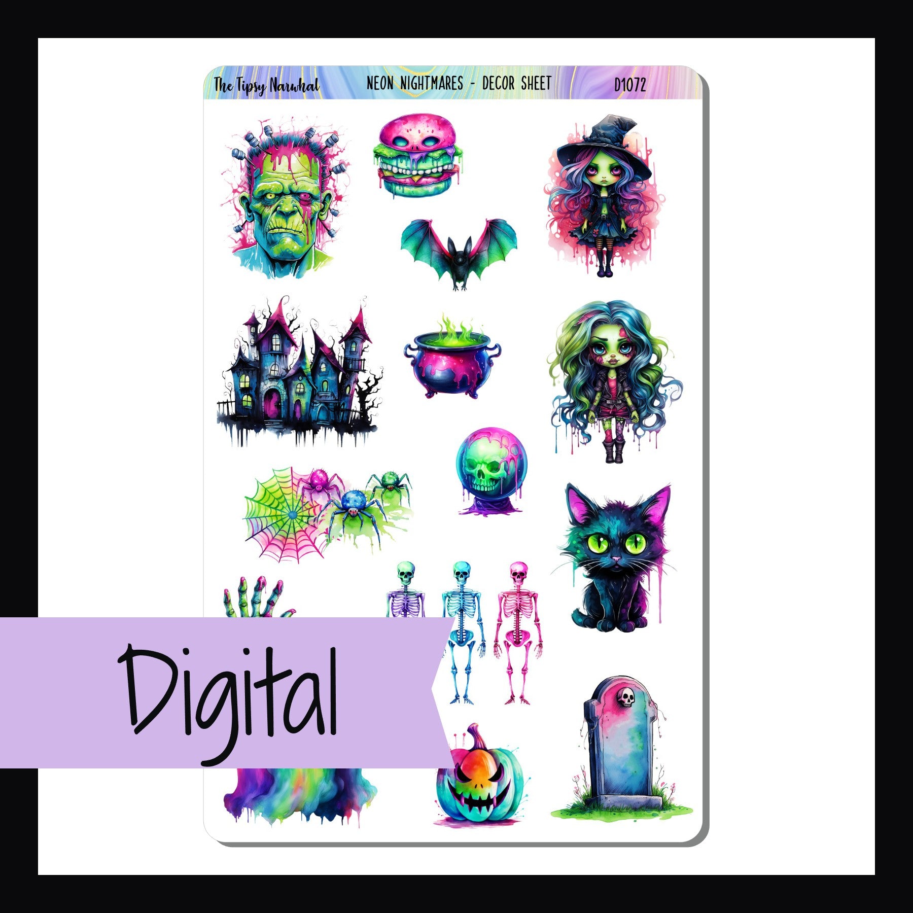 The Digital Neon Nightmares Decor Sheet is the digital/printable version of the sticker sheet with the same name.  It features several brightly colored Halloween themed stickers including a haunted house, witch, ghosts, skeletons, and more.