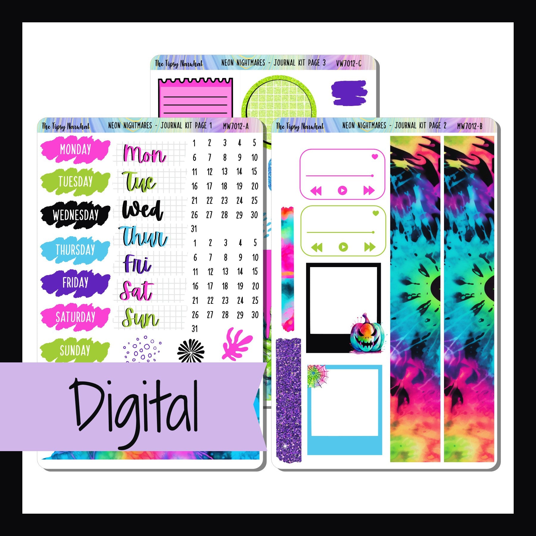Digital Neon Nightmares Journal Kit is the digital/printable version of the sticker kit with the same name.  It is a 3 page kit focusing on decor items to be used in journals.  It features a Halloween theme with a neon color palette.