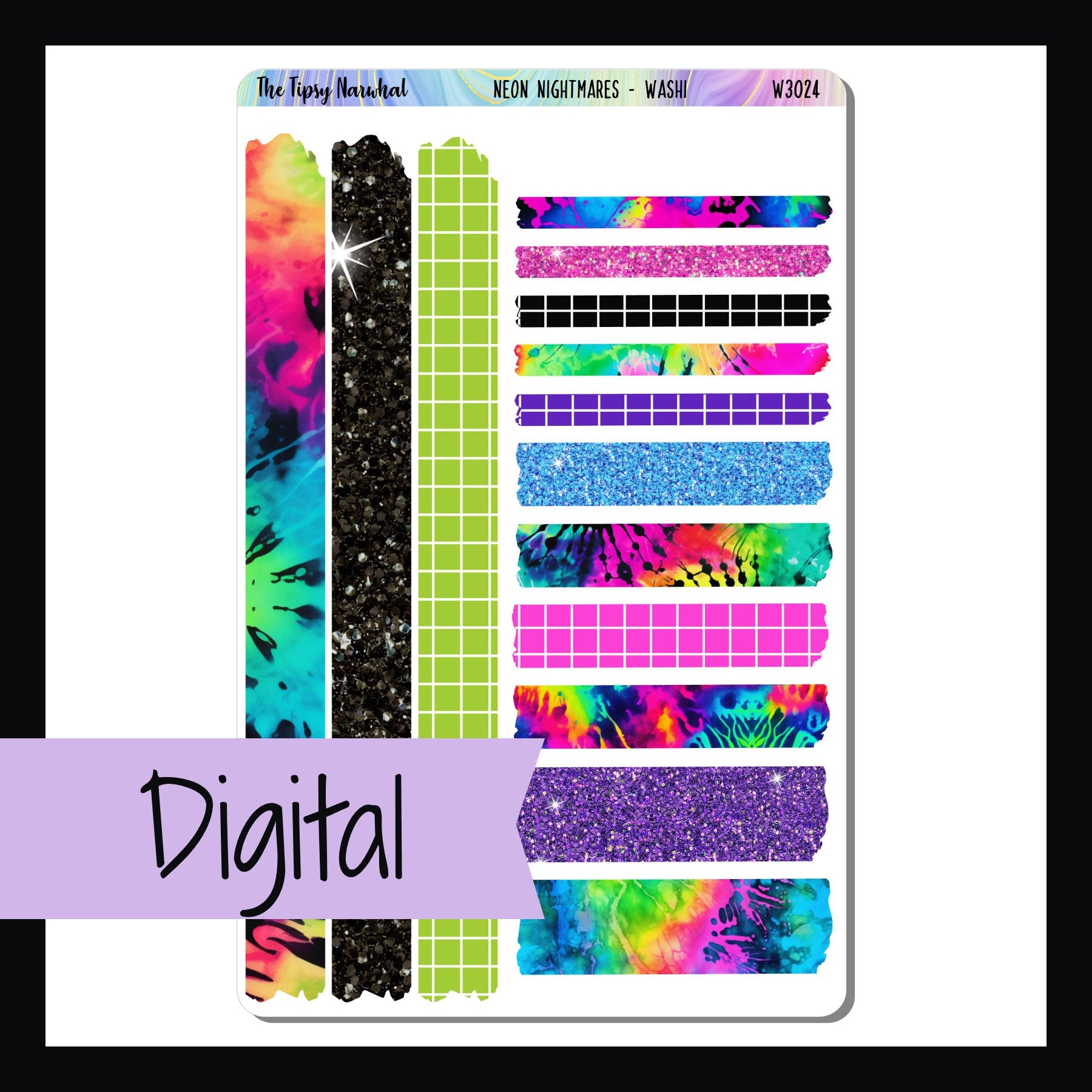 Digital Neon Nightmares Washi sheet is a digital/printable version of the sticker sheet by the same name.  It features 14 strips of washi stickers that coordinate with the Neon Nightmares collection.