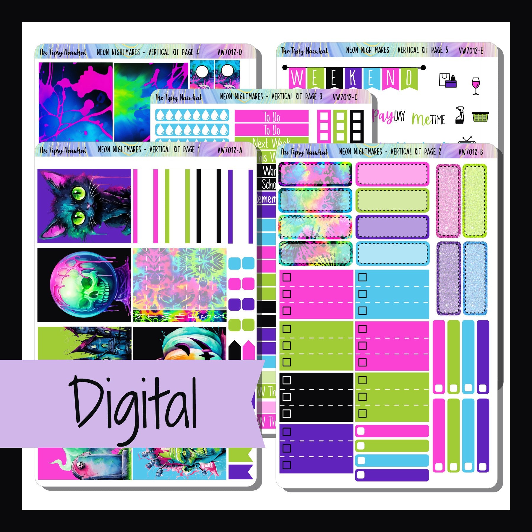 Digital Neon Nightmares Vertical Kit is a digital/printable version of the sticker kit with the same name.  It is a 5 page kit designed to fit most vertical planners.  It features a Halloween theme done in a bright neon color palette.