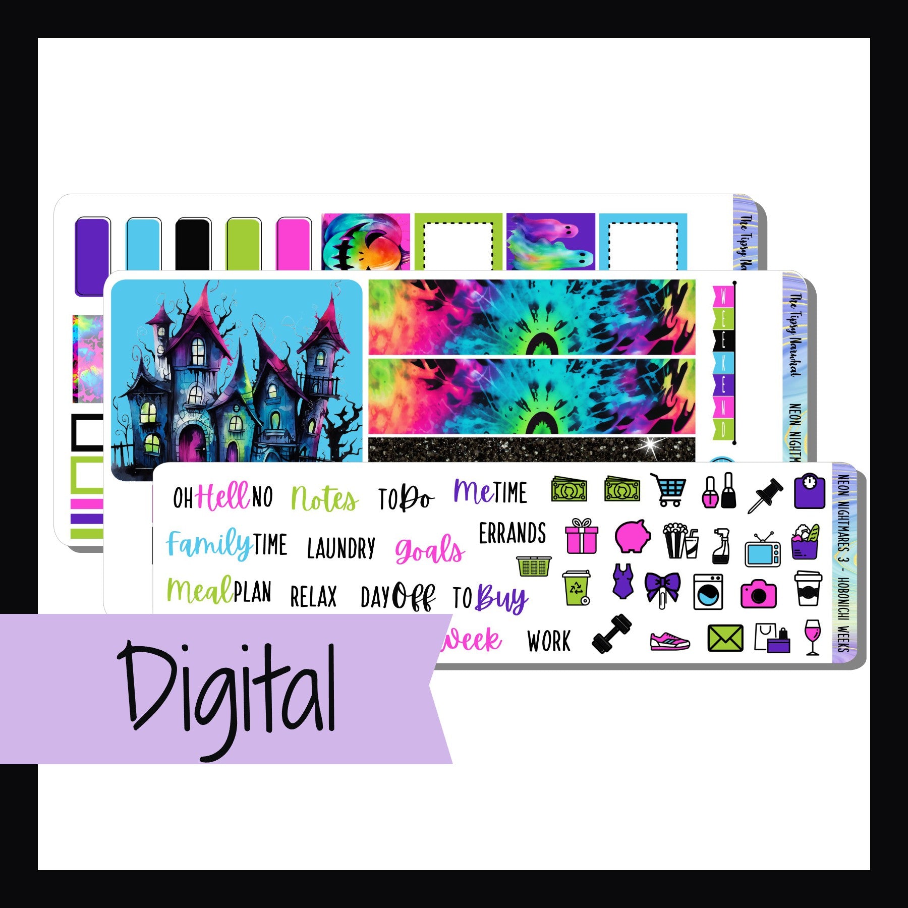 Digital Neon Nightmares Hobonichi Weeks kit is the digital/printable version of the sticker kit by the same name.   It is a 3 page kit featuring a Halloween theme done in a bright neon color palette.