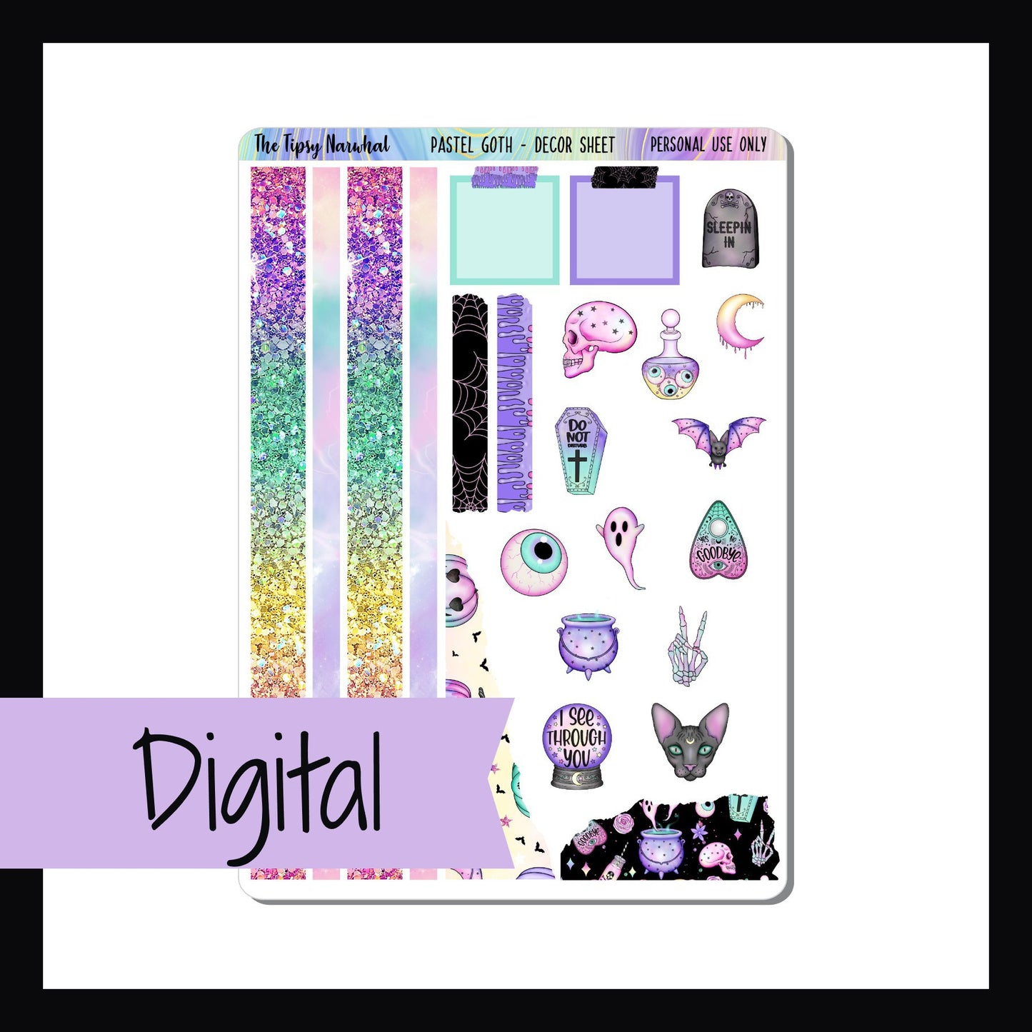 Digital Pastel Goth Decor Sheet is a digital/printable version of the Pastel Goth decor sheet. The sheet features multiple spooky goth stickers mixed with soft pastel colors.