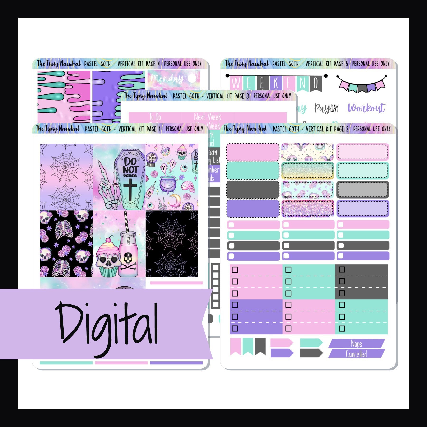 Digital Pastel Goth Vertical kit is a digital/printable version of the Pastel Goth Vertical Kit.  It is a 5 page sticker kit sized to fit popular vertical style planners.  Features a traditional gothic theme mixed with soft pastel pinks, lavenders and blues.