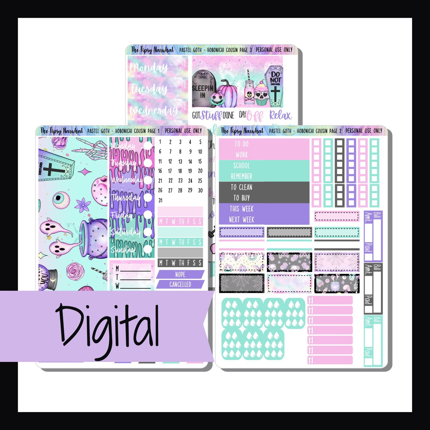 Digital Pastel Goth Hobonichi Cousin Kit is a digital/printable version of our Pastel Goth sticker kit. This 3 page sticker kit is sized to fit the Hobonichi Cousin and other similar sized planners. It features a spooky goth theme mixed with pastel colors.