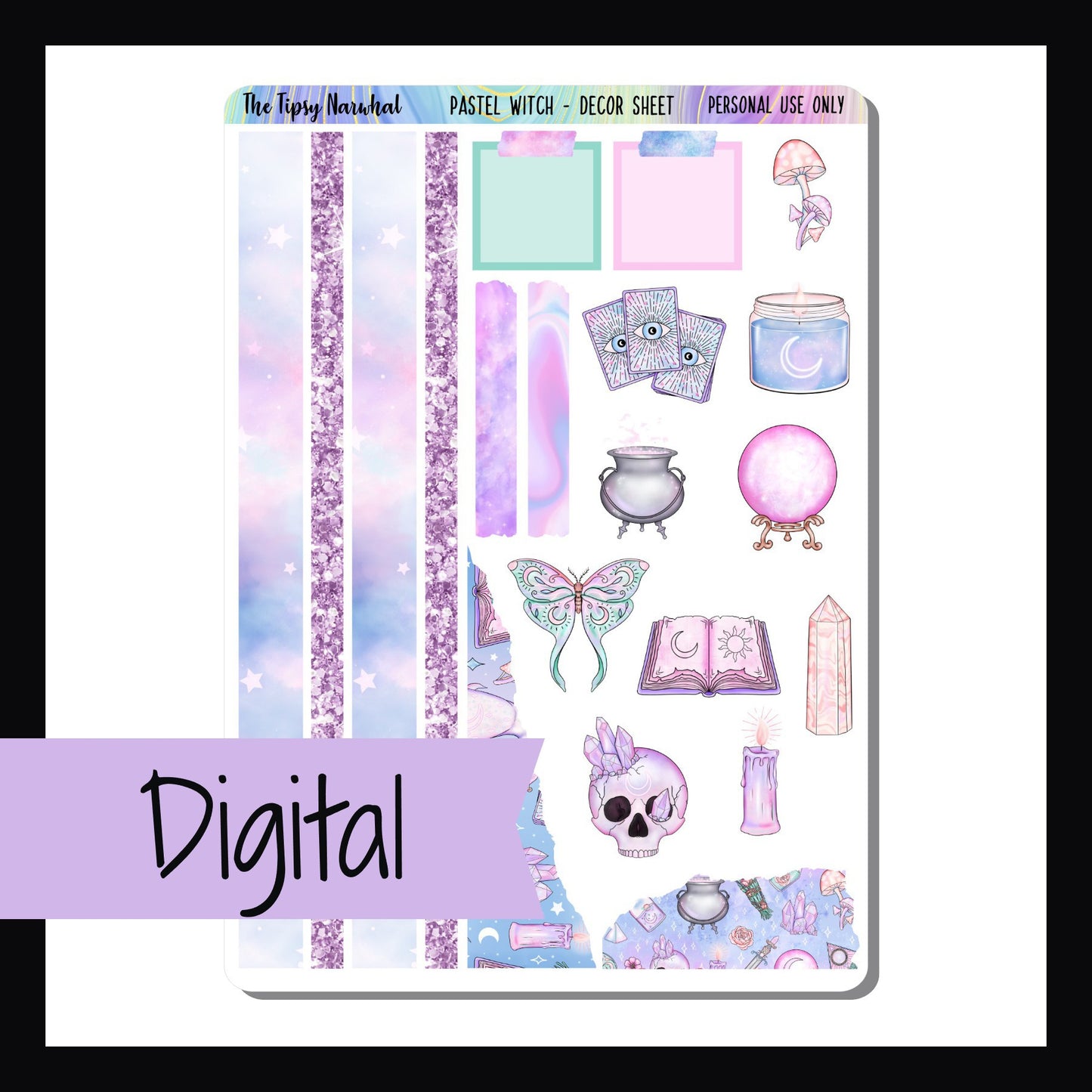 Digital Pastel Witch Decor Sheet is a digital/printable version of the Pastel Witch decor sheet. This sheet features multiple decor elements all which match the Pastel Witch kits.