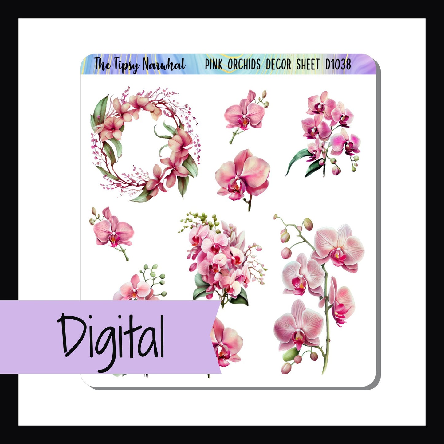 The Digital Pink Orchids Decor Sheet is the digital/printable version of the Pink Orchids Decor Sheet. It features 9 stickers of various sizes depicting various pink orchid blooms.