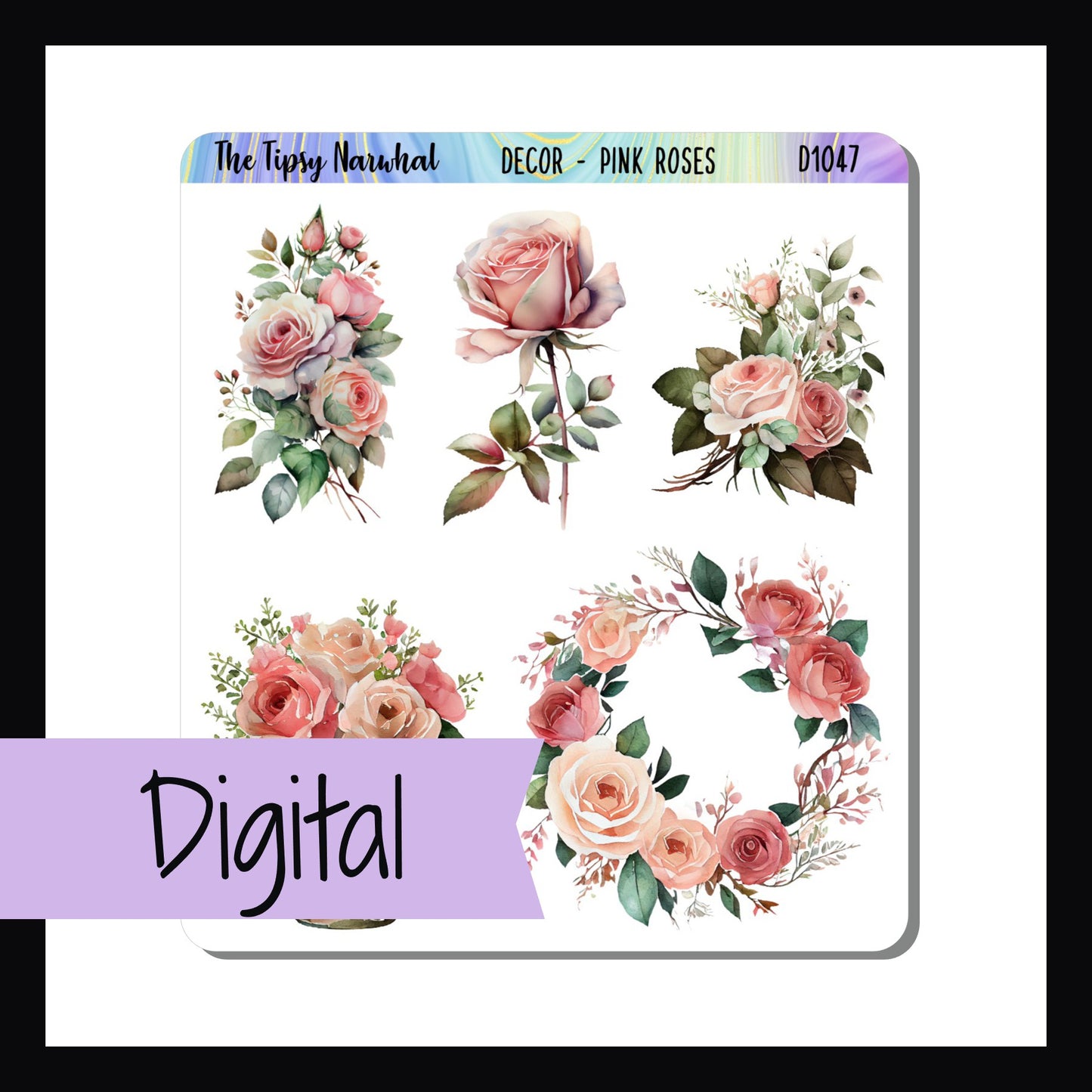 The Digital Pink Roses Decor Sheet is the digital/printable version of our Pink Roses Decor Sheet. It features 5 stickers of various sizes all depicting pink roses. Includes a rose wreath, single rose stem, and bouquets.