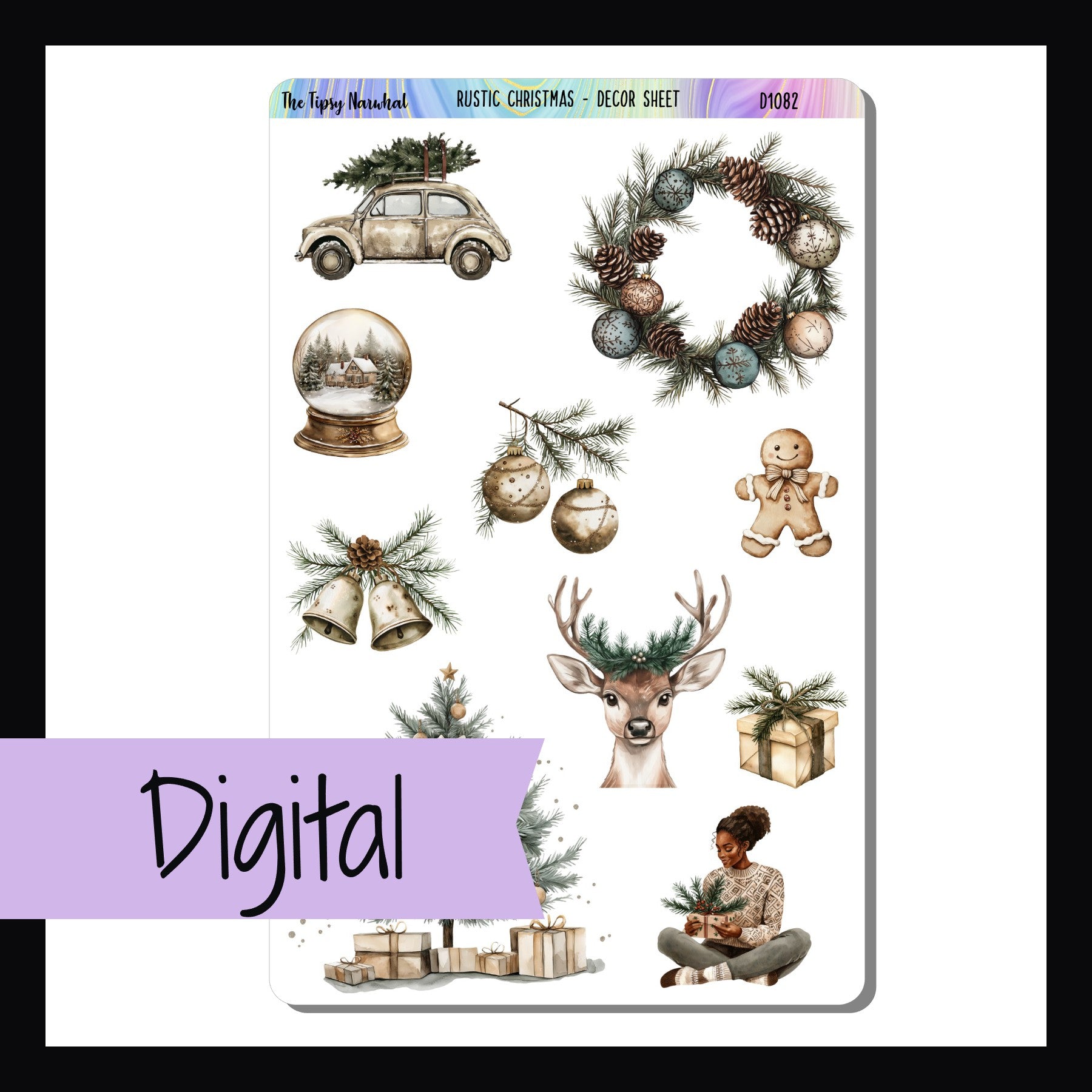 The Digital Rustic Christmas Decor Sheet is a digital/printable version of the sticker sheet with the same name.  It features 10 unique Christmas themed stickers including a tree, deer, wreath, gingerbread man and more.