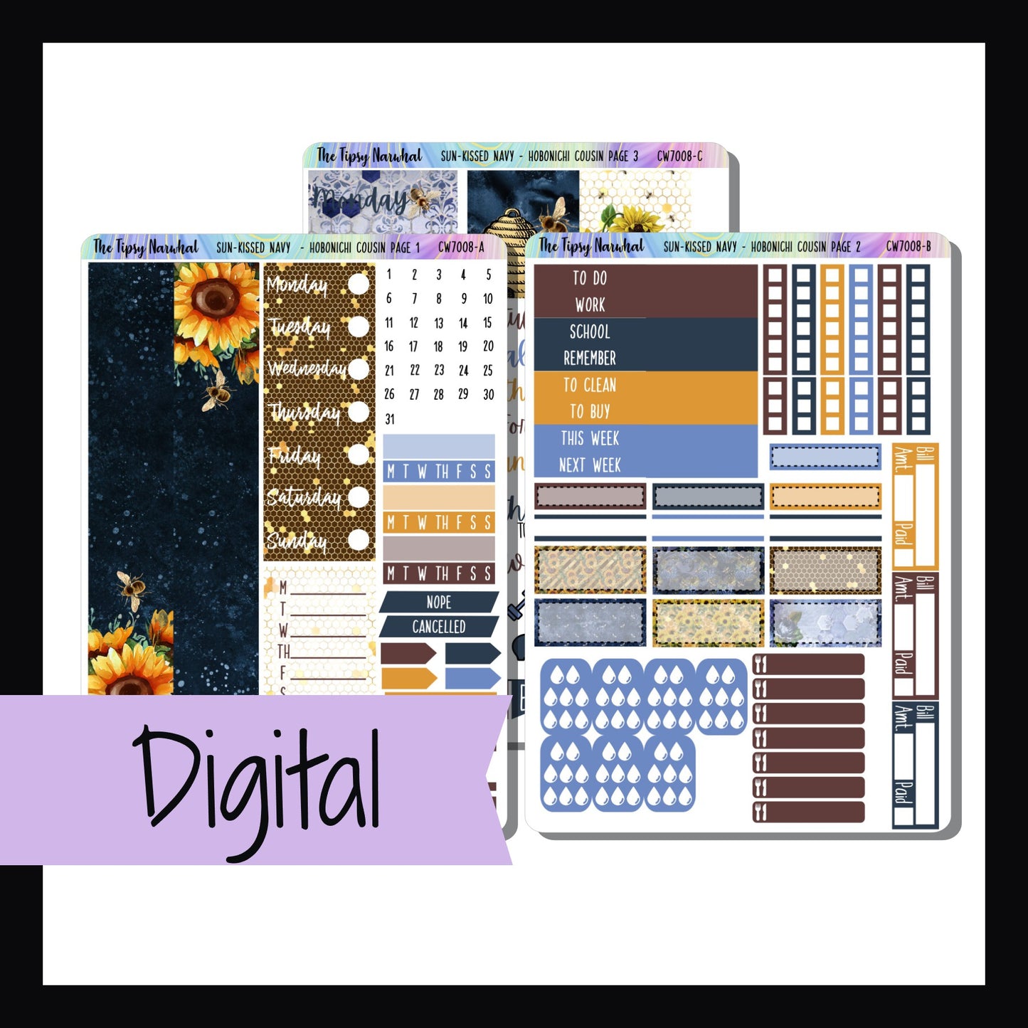 Digital Sun-Kissed Navy Hobonichi Cousin Kit is the digital/printable version of the sticker kit with the same name. It is sunflower and bee themed with a blue, yellow and brown color palette.