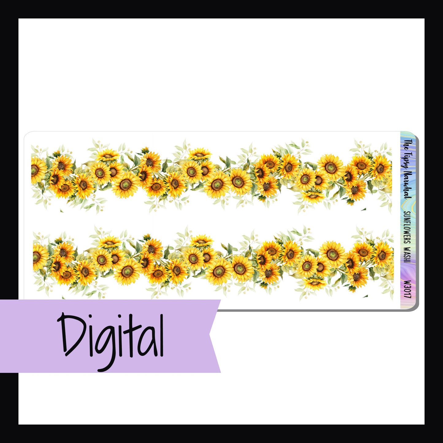 Digital Sunflower Washi is a digital/printable version of the washi by the same name. It features two sunflower themed washi strips
