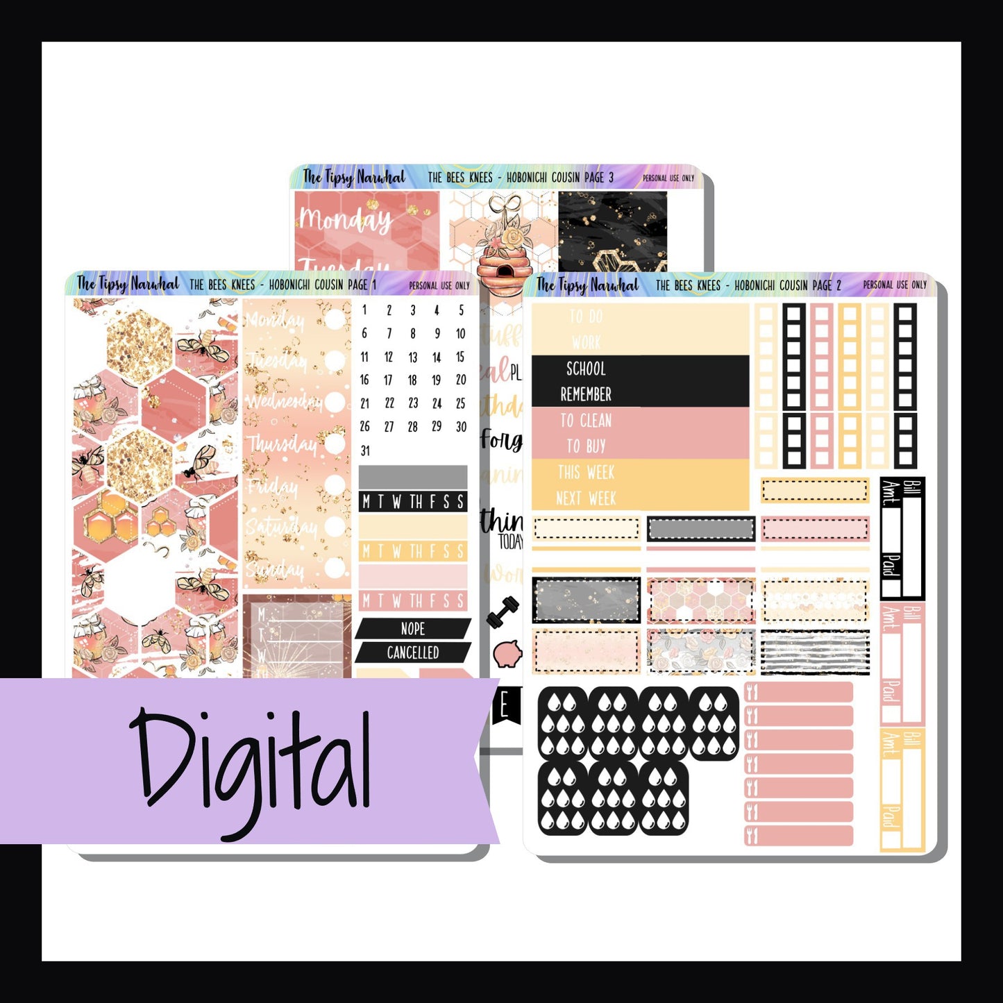 Digital The Bees Knees Hobonichi Cousin Kit is a digital printable version of The Bees Knees Hobonichi Cousin Kit. The sticker kit features bees, flowers, and honey in a beautiful pink, yellow and black color palette.