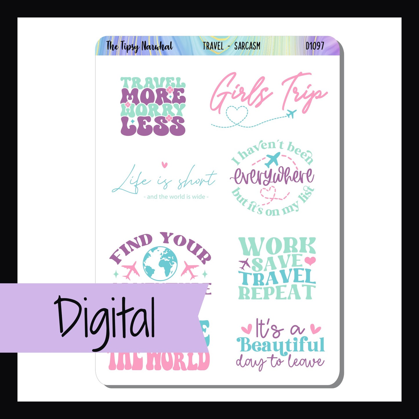 Digital Travel Sarcasm & Quotes Sheet is a digital/printable version of the sticker sheet with the same name. It features 8 fun travel themed quotes and coordinates with the Leaving on a Jet Plane weekly kits.