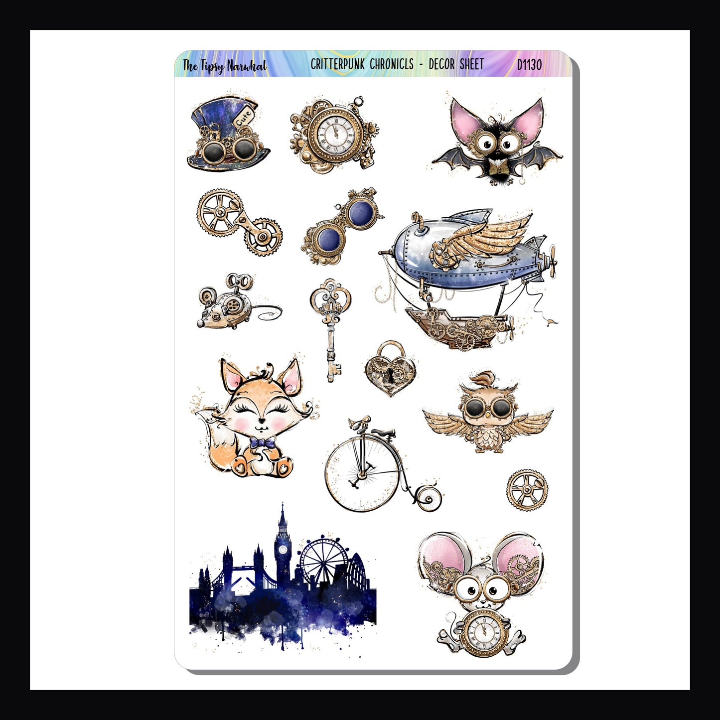 Critterpunk Chronicles Decor Sheet is a 4.5 x 7 inch sticker sheet featuring a selection of cute animals and their various steampunk inventions. Coordinates with the Critterpunk Chronicles Weekly Kits.