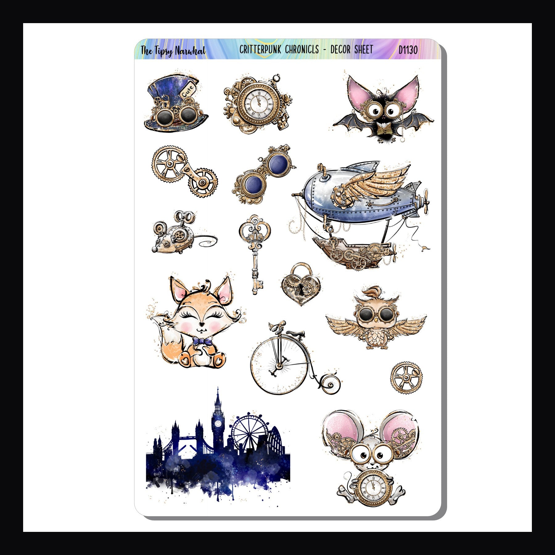 Critterpunk Chronicles Decor Sheet is a 4.5 x 7 inch sticker sheet featuring a selection of cute animals and their various steampunk inventions.  Coordinates with the Critterpunk Chronicles Weekly Kits.
