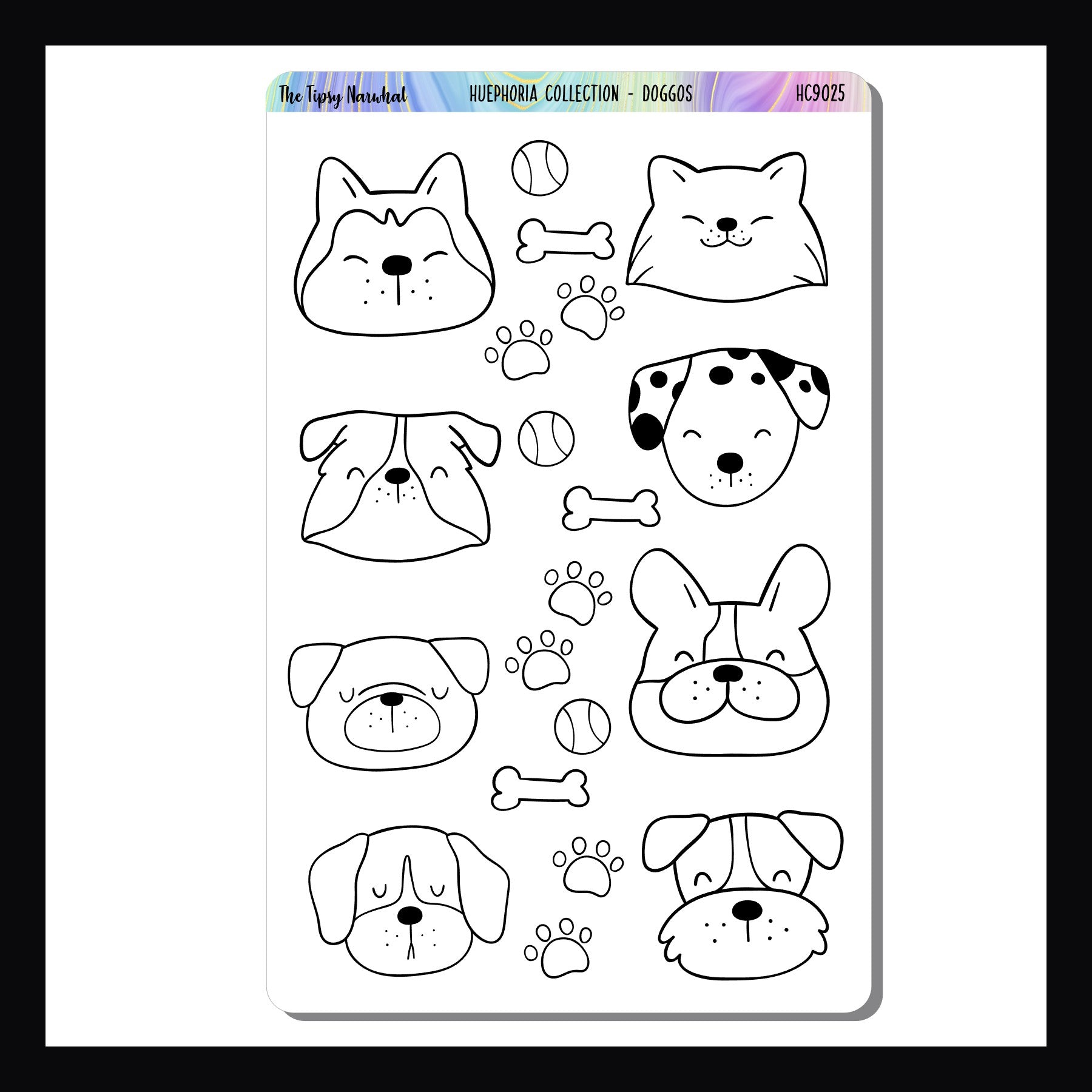 Doggos Huephoria Sticker Sheet is a 4.5 x 7 sticker sheet featuring a collection of 8 dogs waiting to be brought to life through color.  Use colored pencils, markers, or crayons to create your own custom dog stickers perfect for use in planners, journals, and art projects.