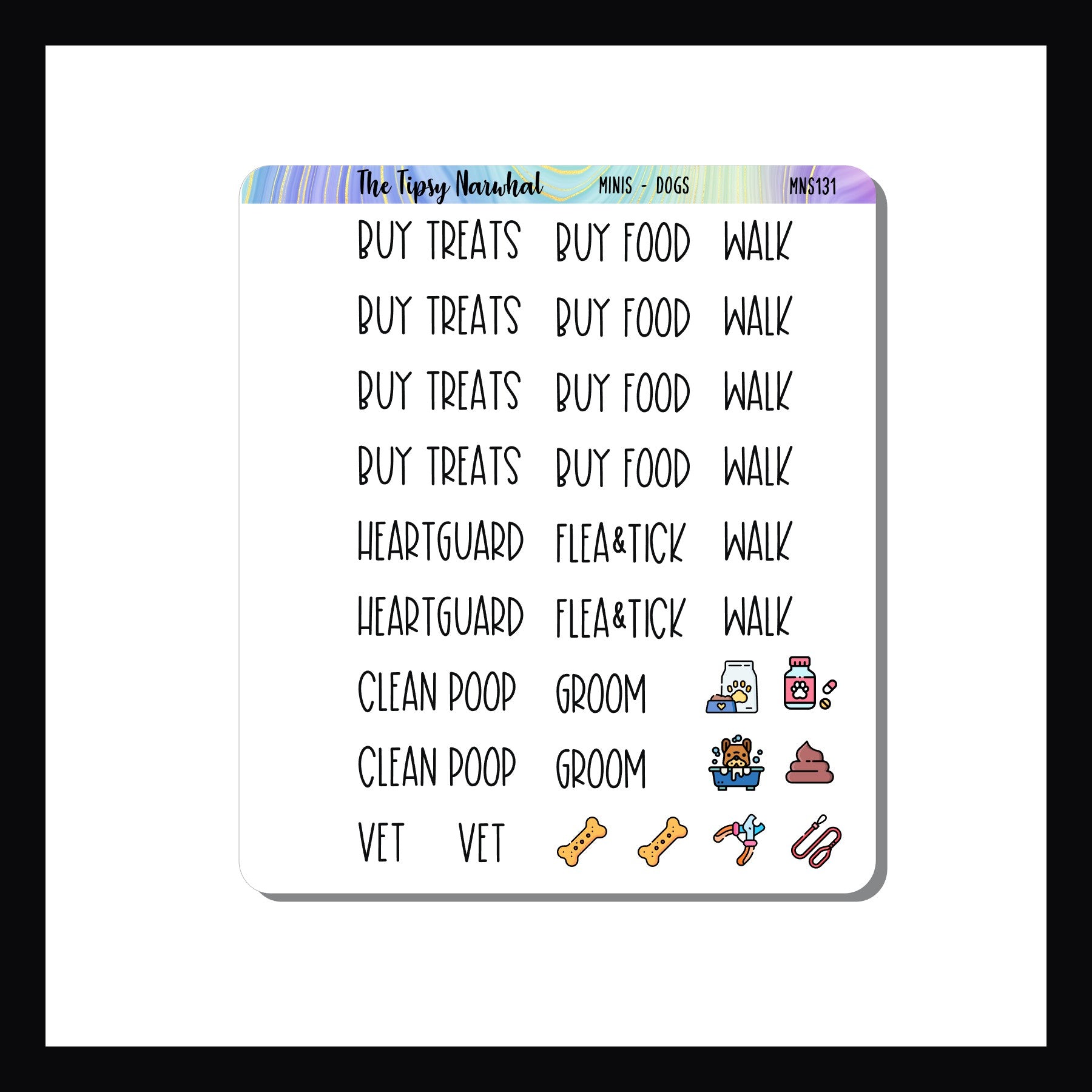 Mini Icon Sheets Dogs is a small quarter sheet sized sticker sheet.  It features a variety of icons and scrip stickers prompting common tasks for taking care of dogs.