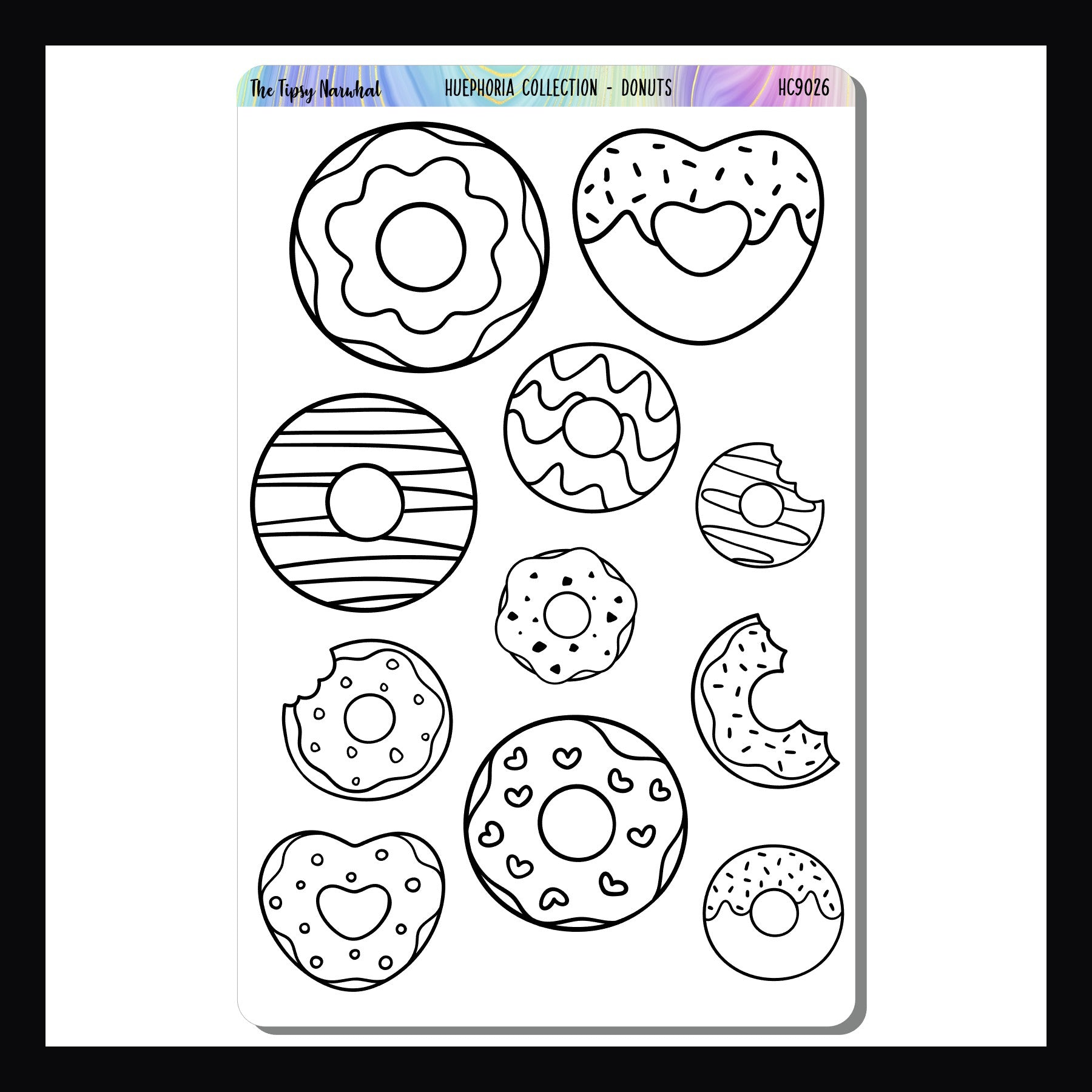 Donuts Huephoria Stickers is a 4.5 x 7 sticker sheet featuring a collection of donut themed stickers waiting to be colored in using crayons, colored pencils, or markers.  11 stickers in all each sticker a unique size and design.