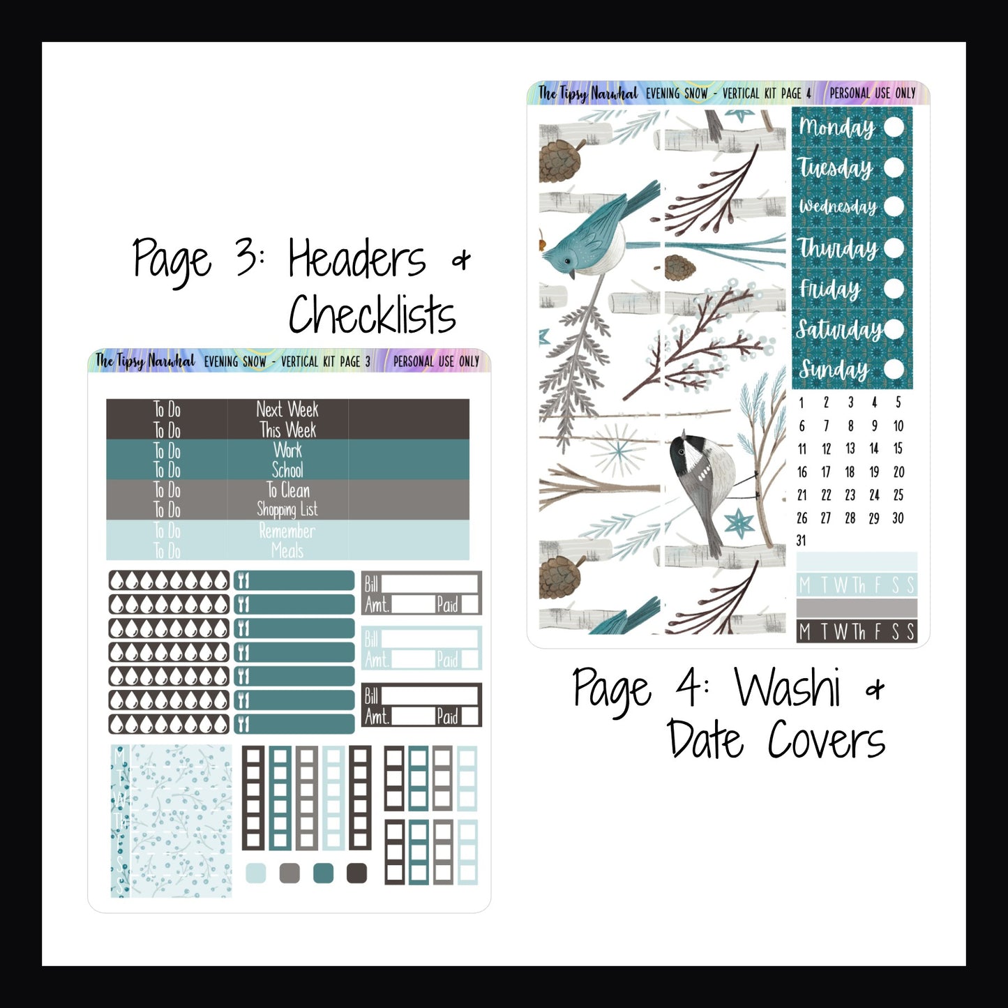 Evening Snow Vertical Kit Pages 3 and 4. Page 3 features hydration trackers, meal trackers, bill trackers, headers and checklist stickers. Page 4 features large washi strips, habit tracker and date covers.